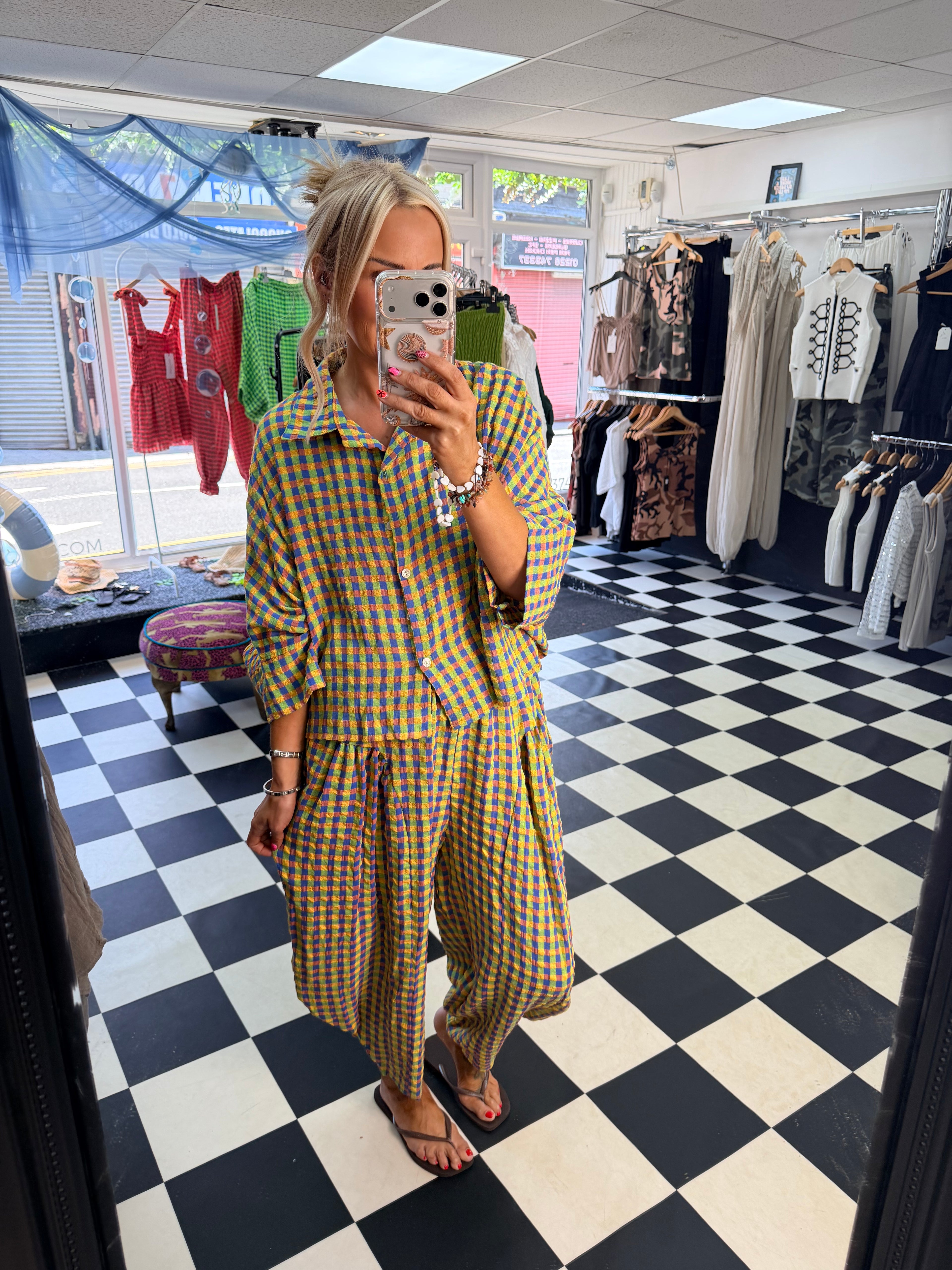 Neon Gingham Shirt Green and Blue