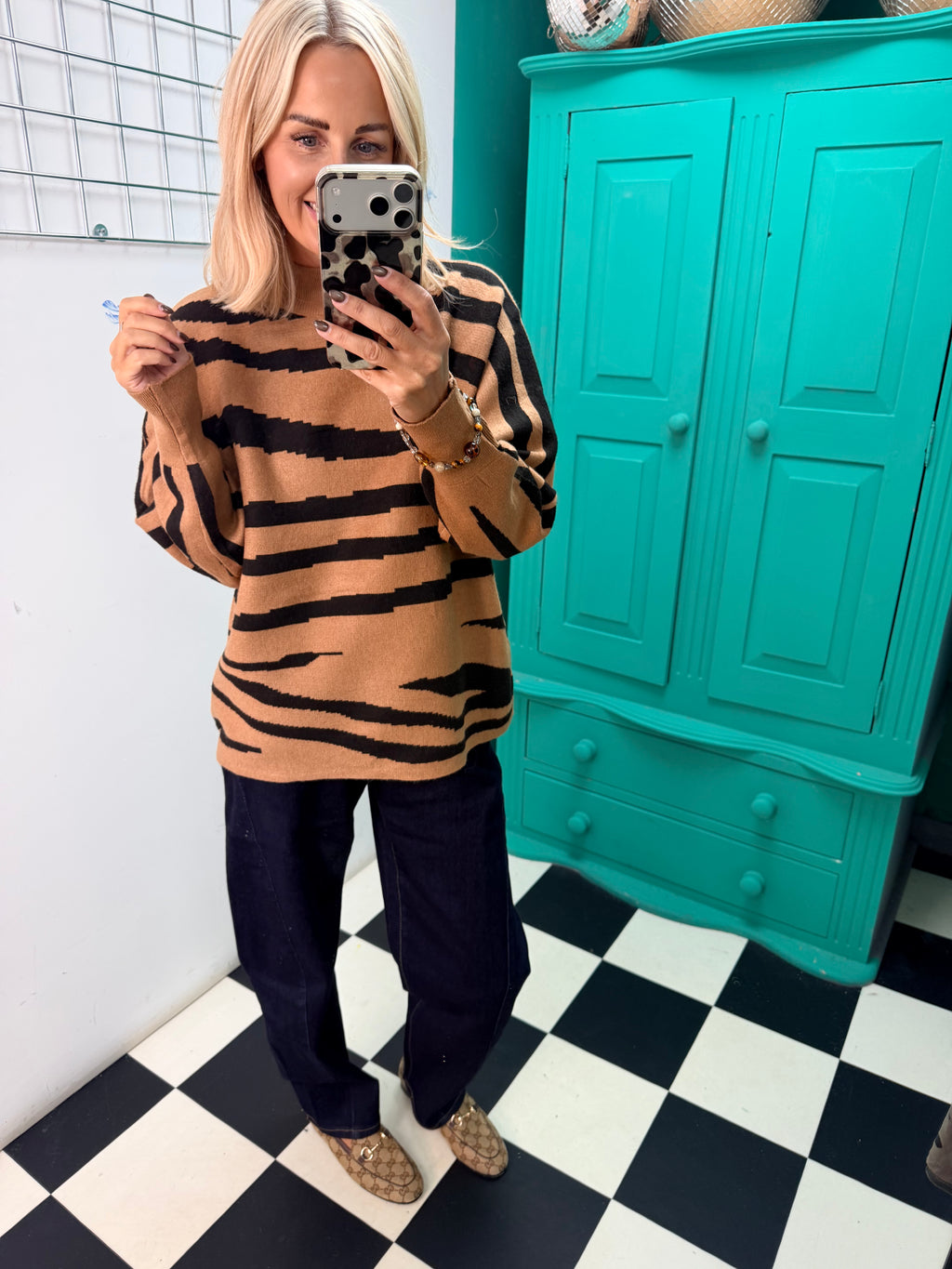 Turtle Neck Jumper Lightning Print Tan Special Buy