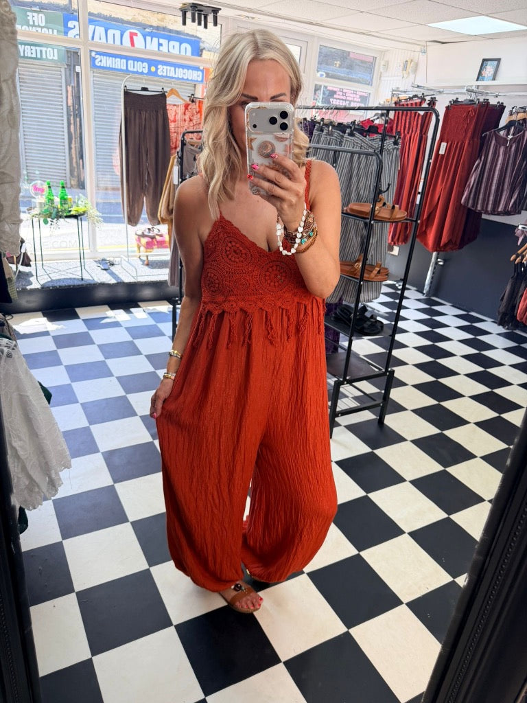 Boho Crochet Jumpsuit Rust