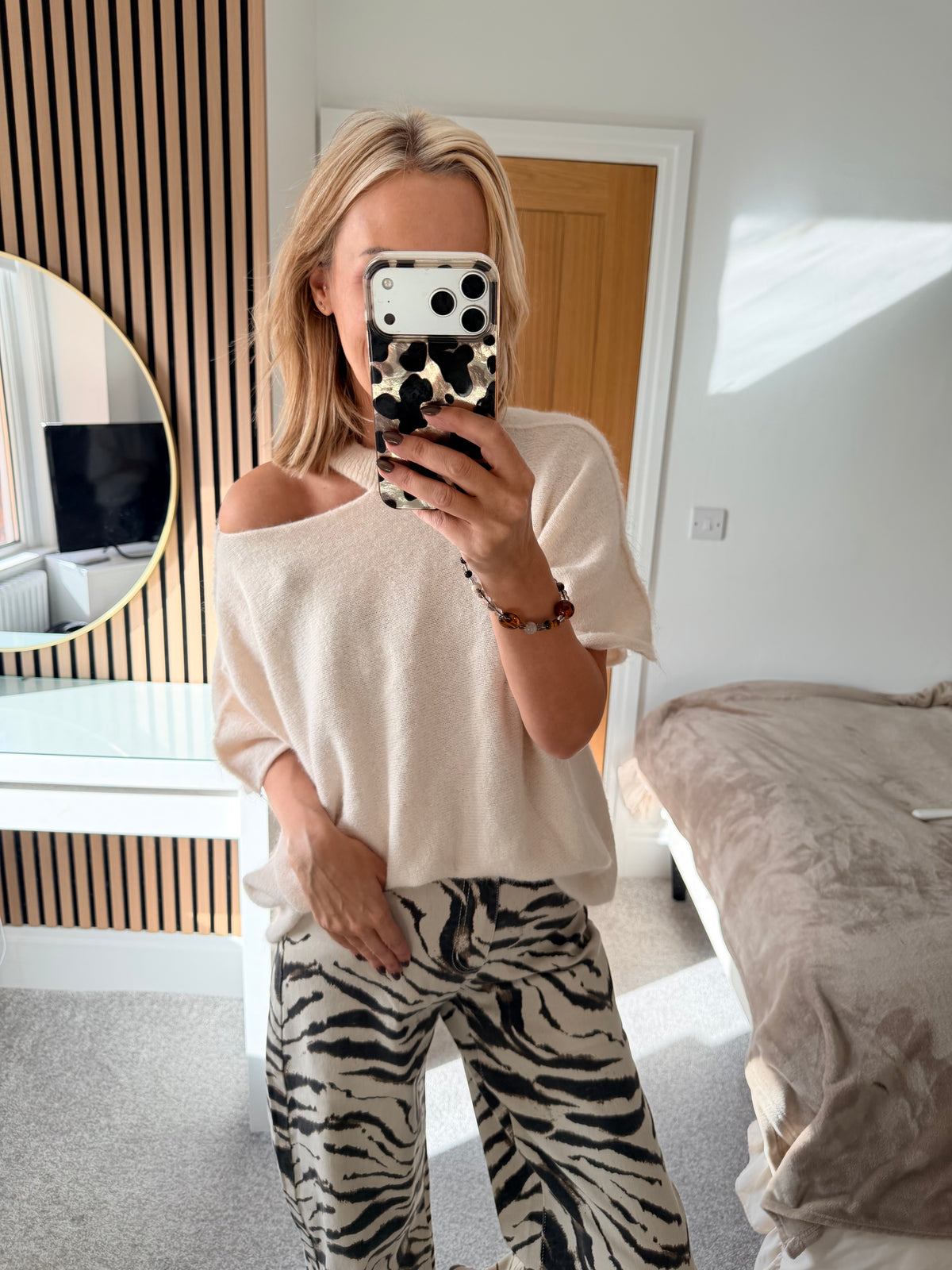 Slash Neck Jumper Cream  Short Sleeve
