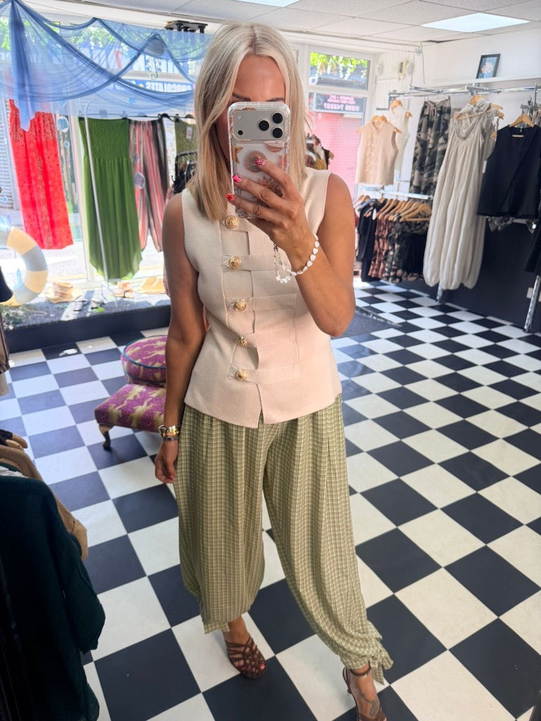 Check Tie Hem Trousers Green