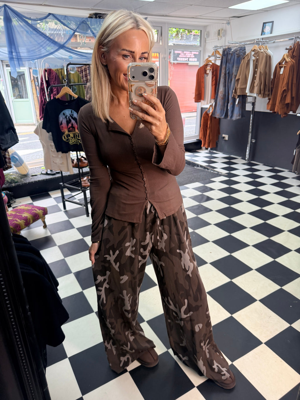 Button Long Sleeve Top Chocolate
