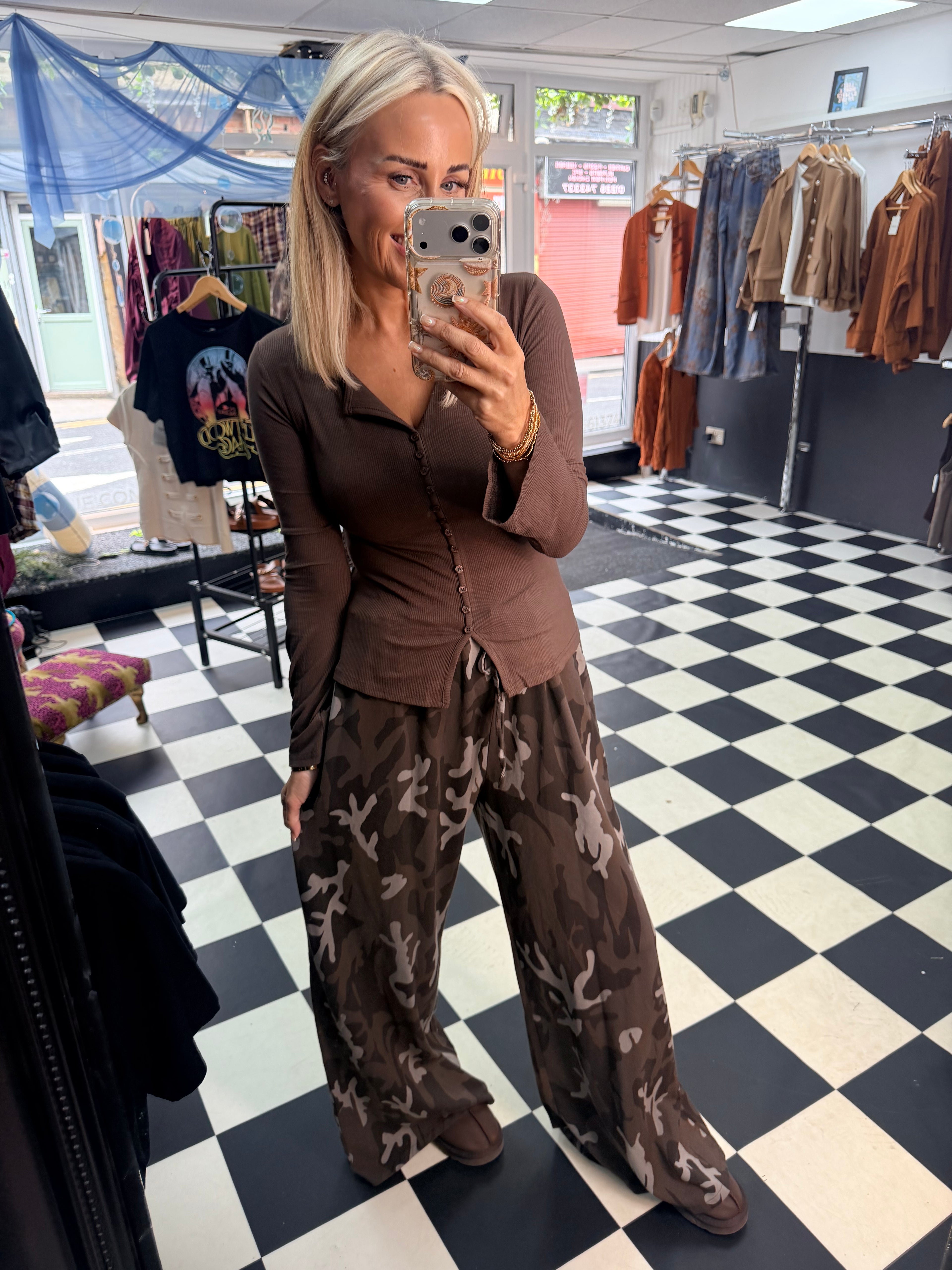 Button Long Sleeve Top Chocolate