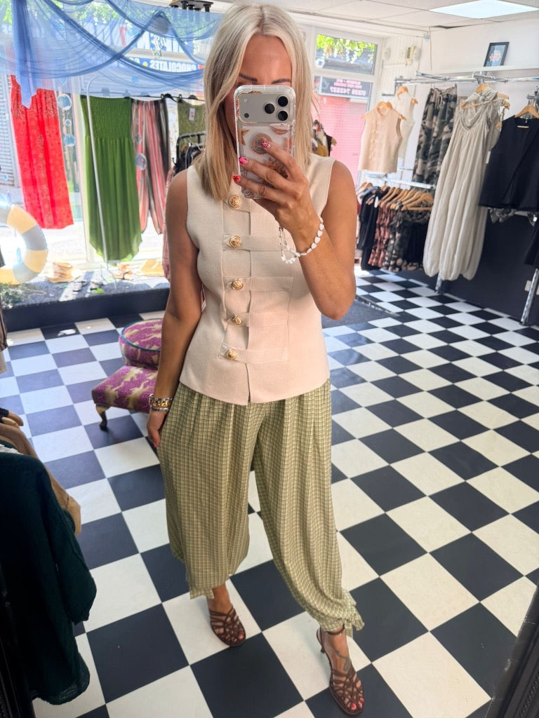 Check Tie Hem Trousers Green