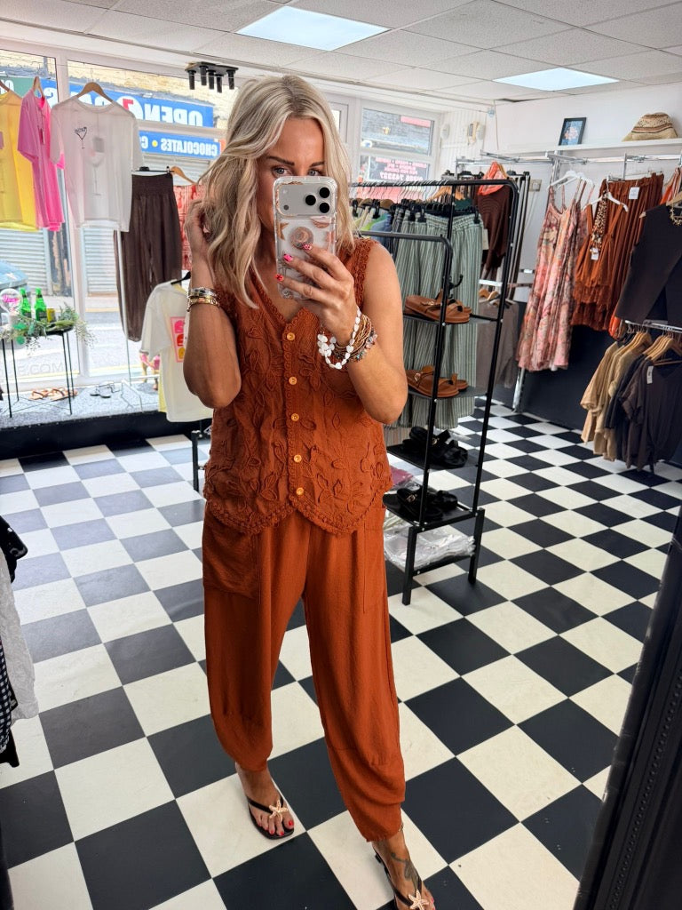 Opel Embellished Waistcoat  Rust