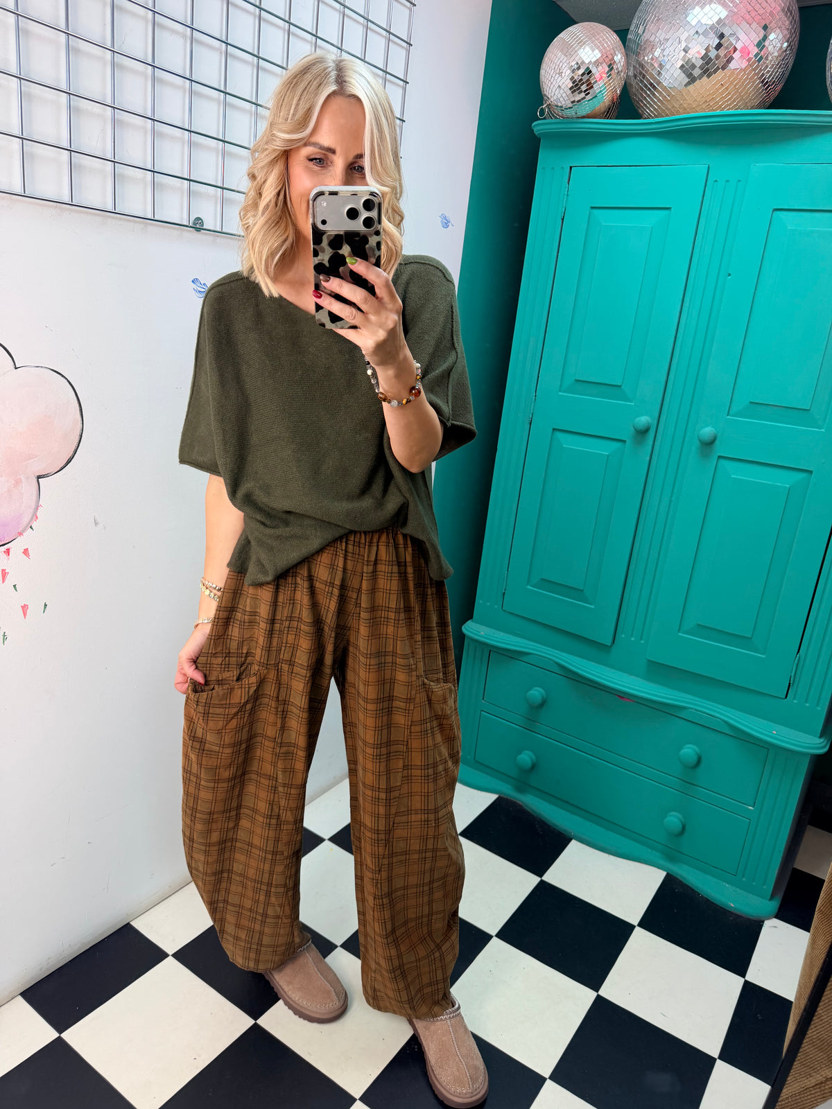 Barrel leg check trousers - Green