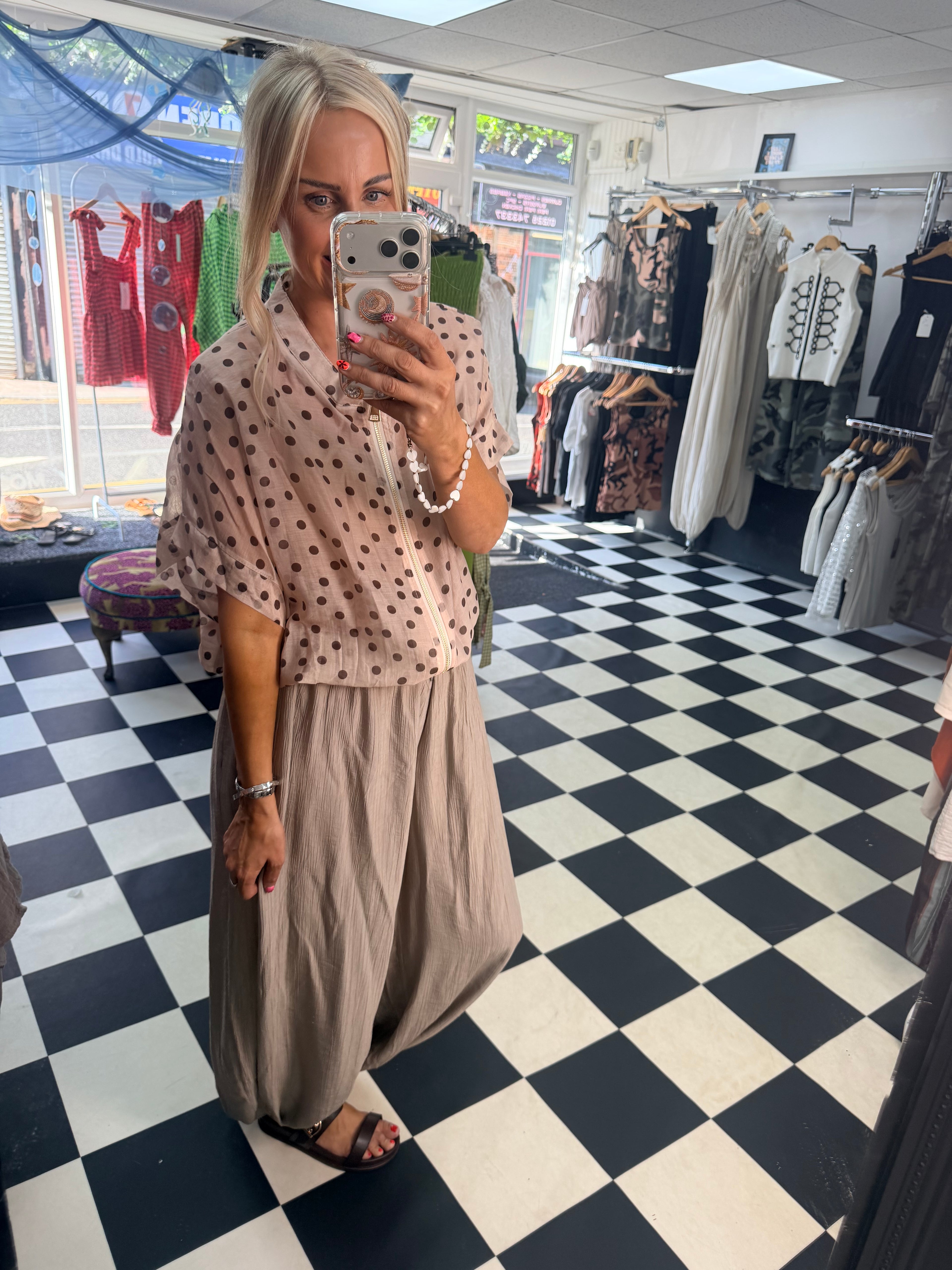 Lightweight Cropped Sleeve Jacket - Cream Polka Dot