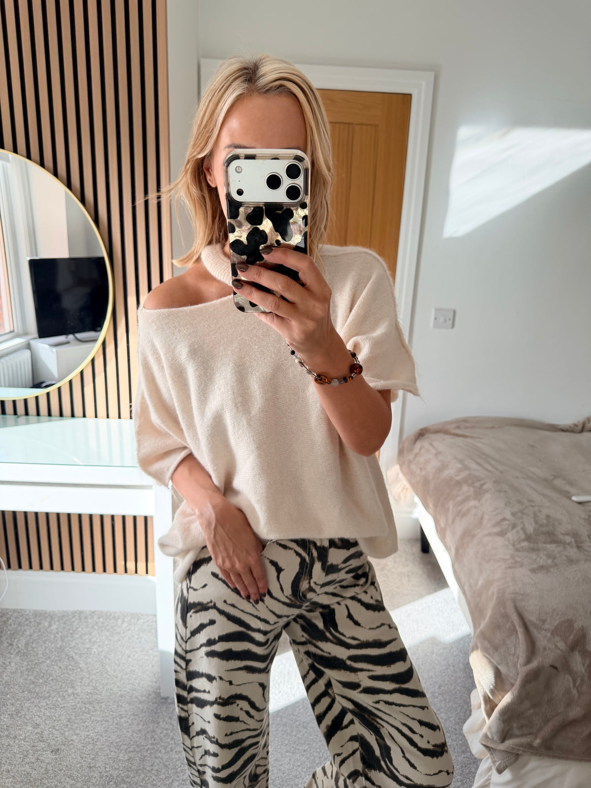 Slash Neck Jumper Cream  Short Sleeve