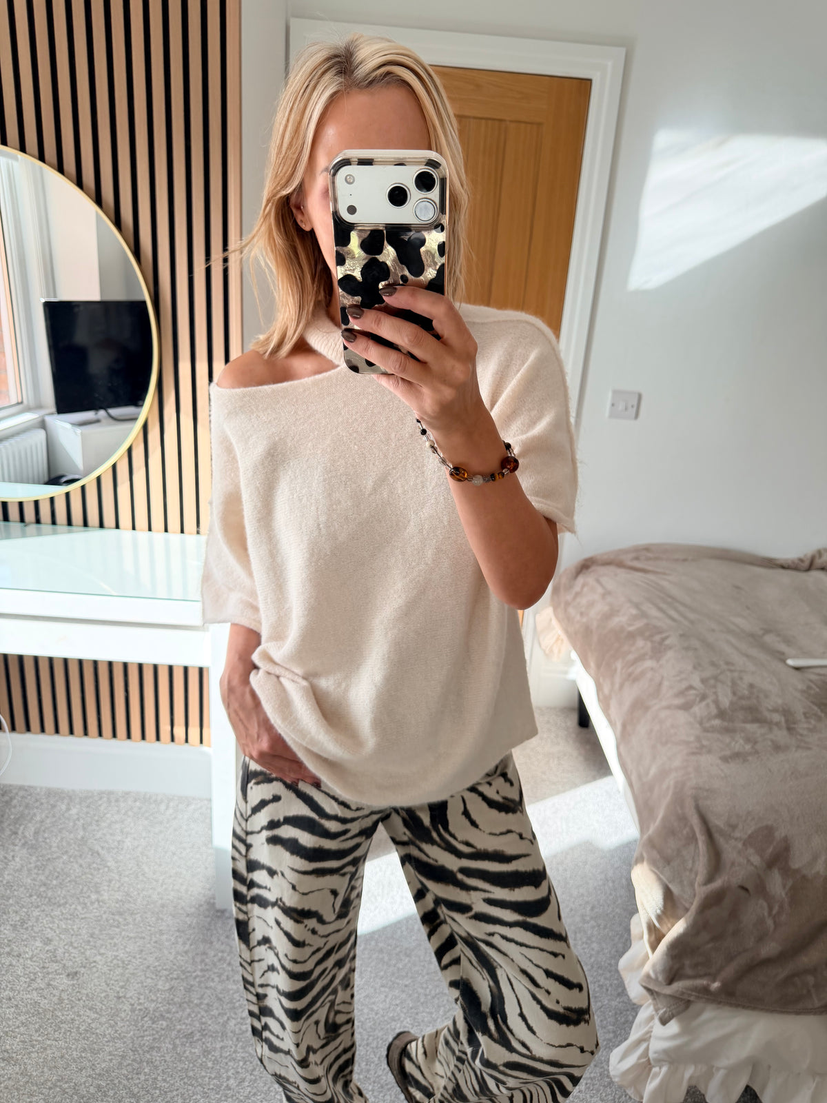 Slash Neck Jumper Cream  Short Sleeve