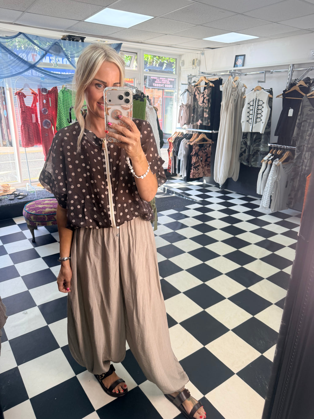 Lightweight Cropped Sleeve Jacket - Chocolate Polka Dot