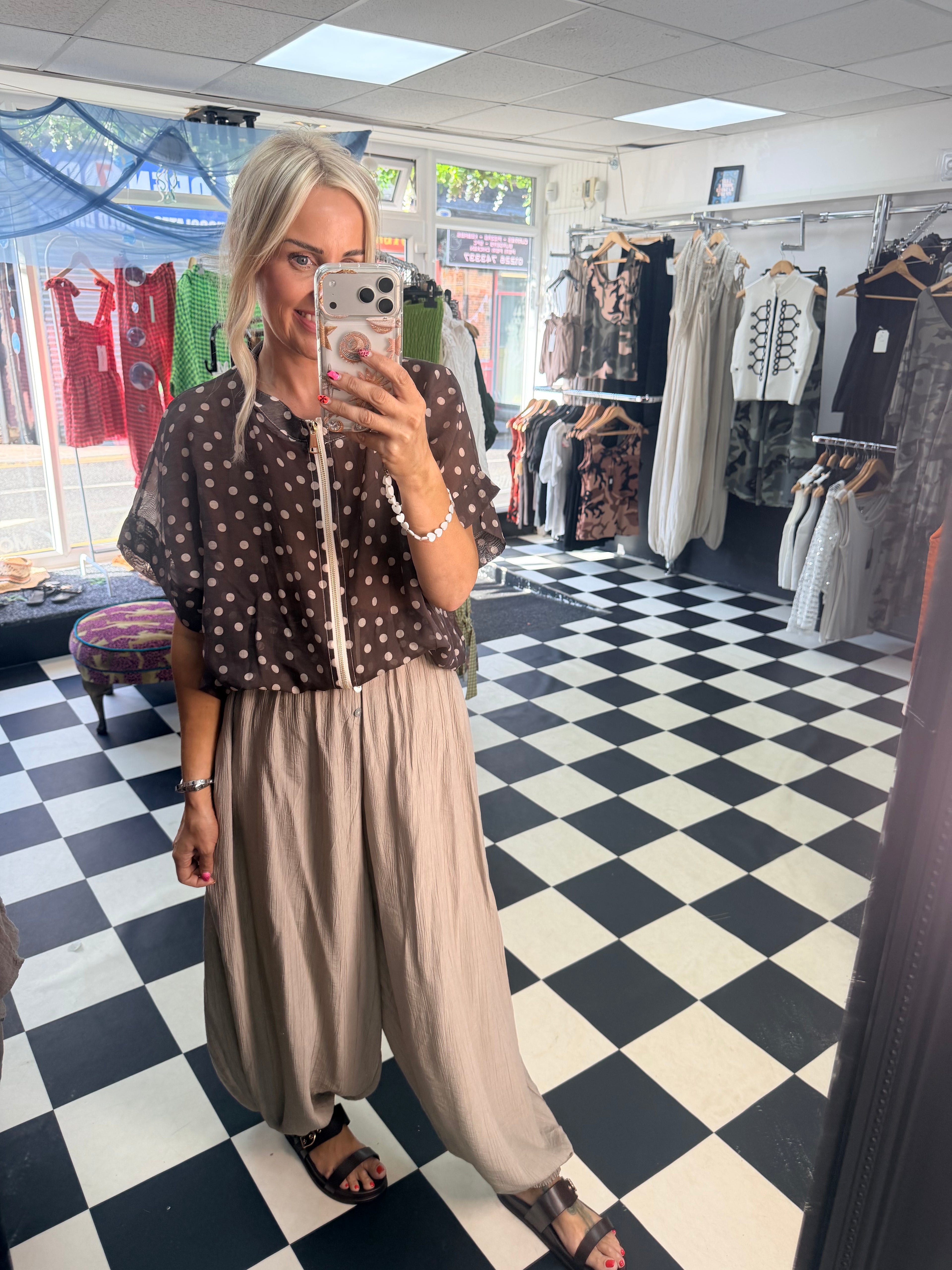 Lightweight Cropped Sleeve Jacket - Chocolate Polka Dot