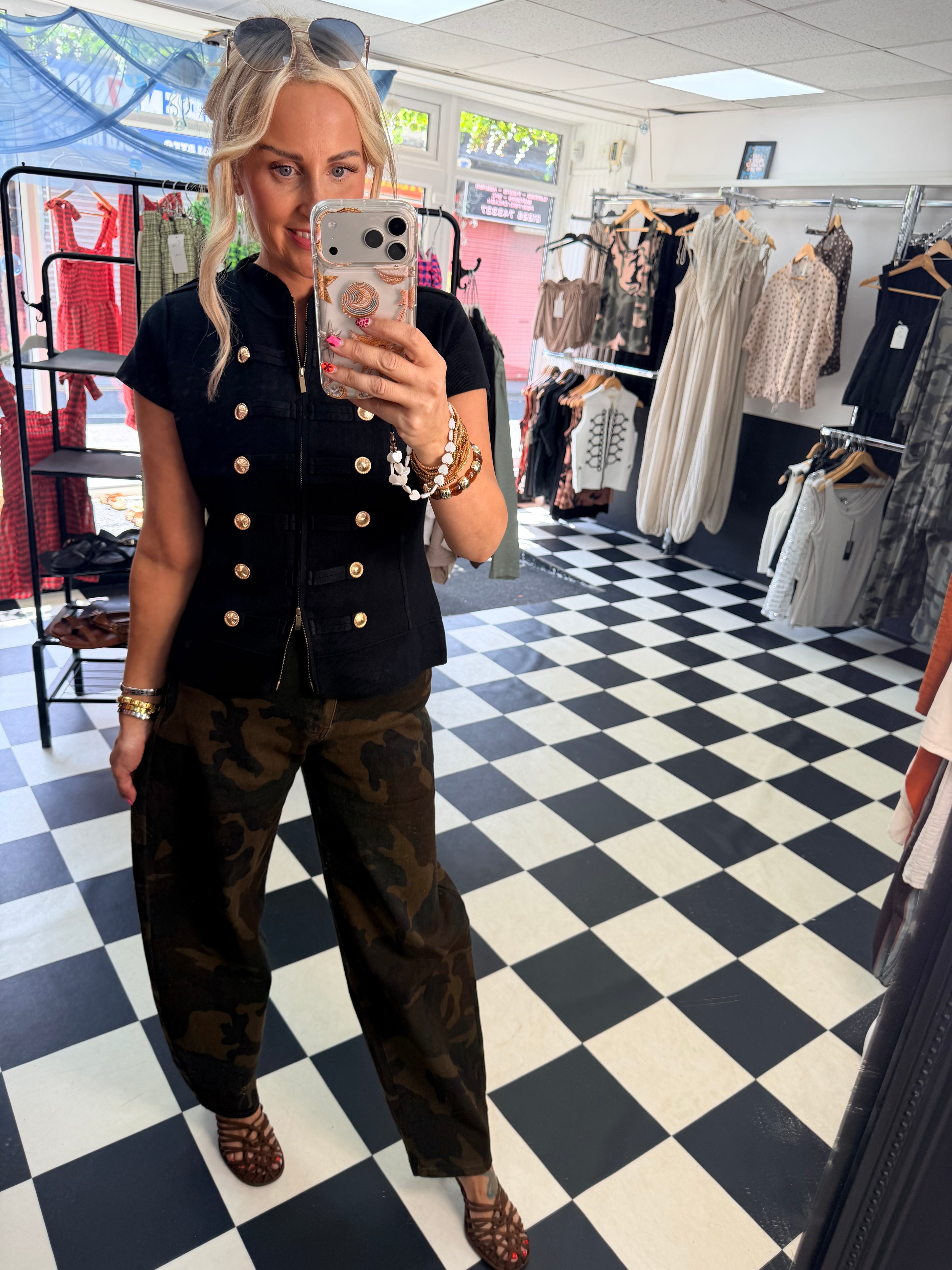 Military Cap Sleeve Waistcoat Black