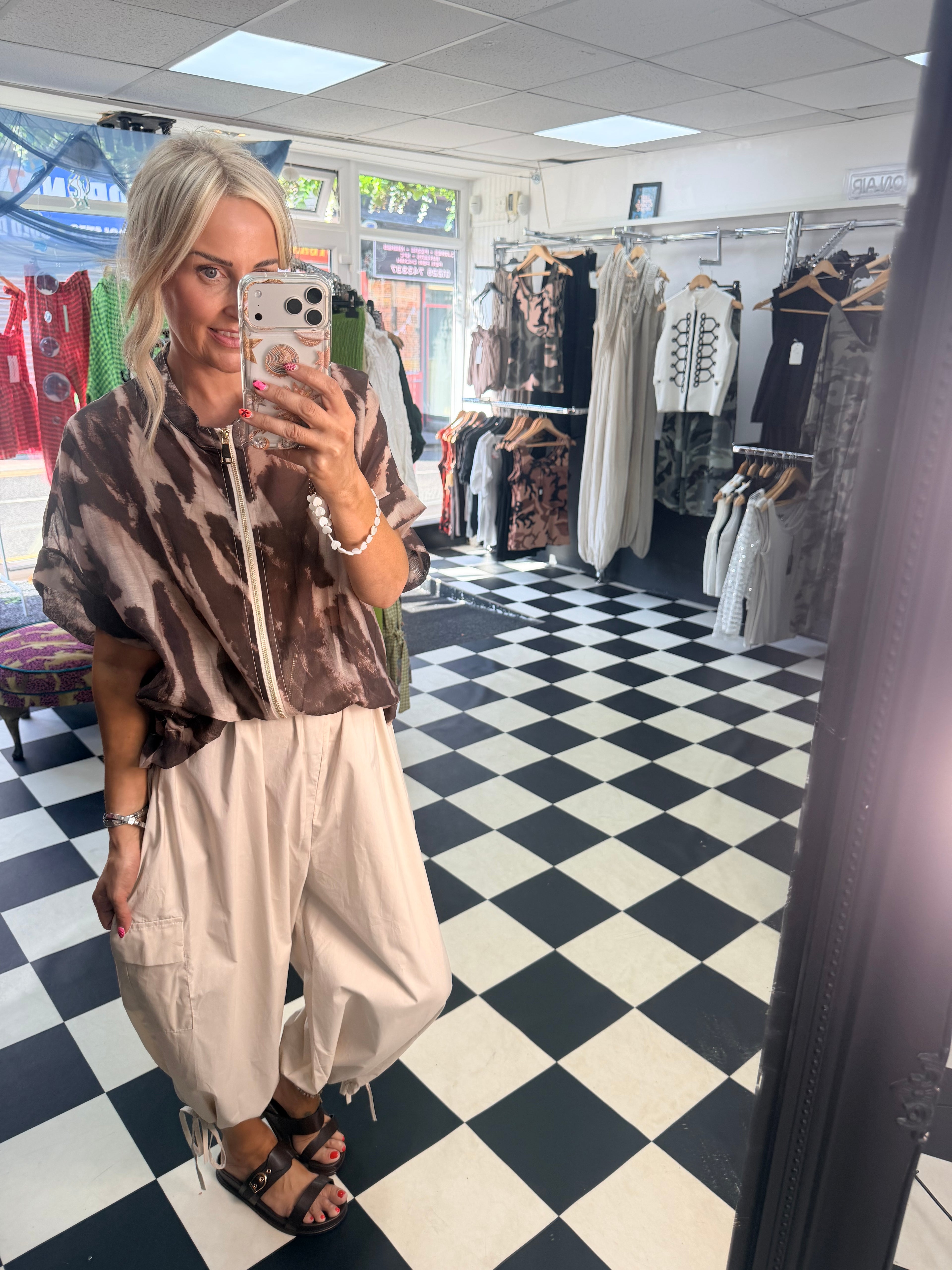 Lightweight Cropped Sleeve Jacket - Coffee and Cream
