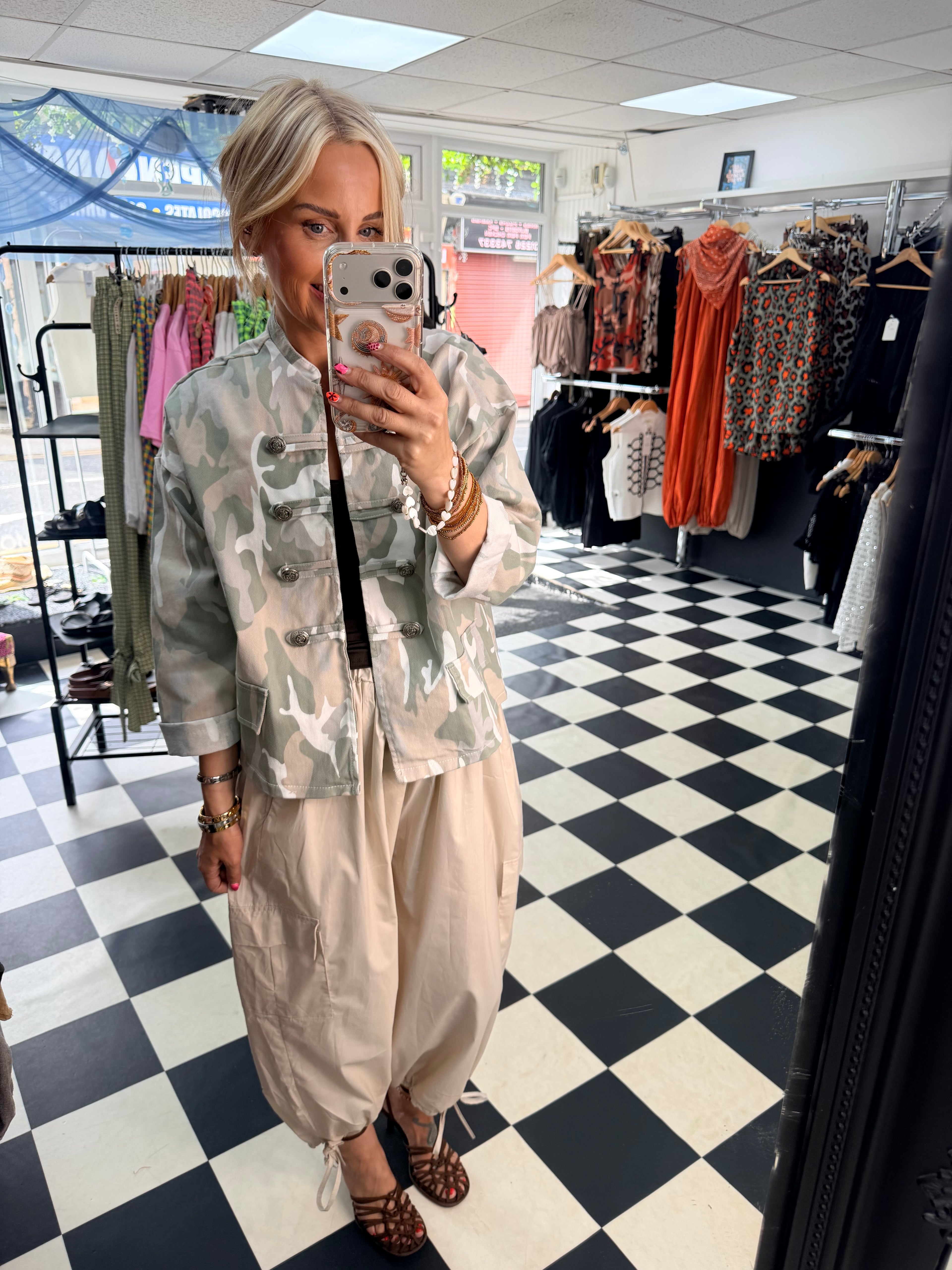 Camo Denim Military Jacket Light Beige