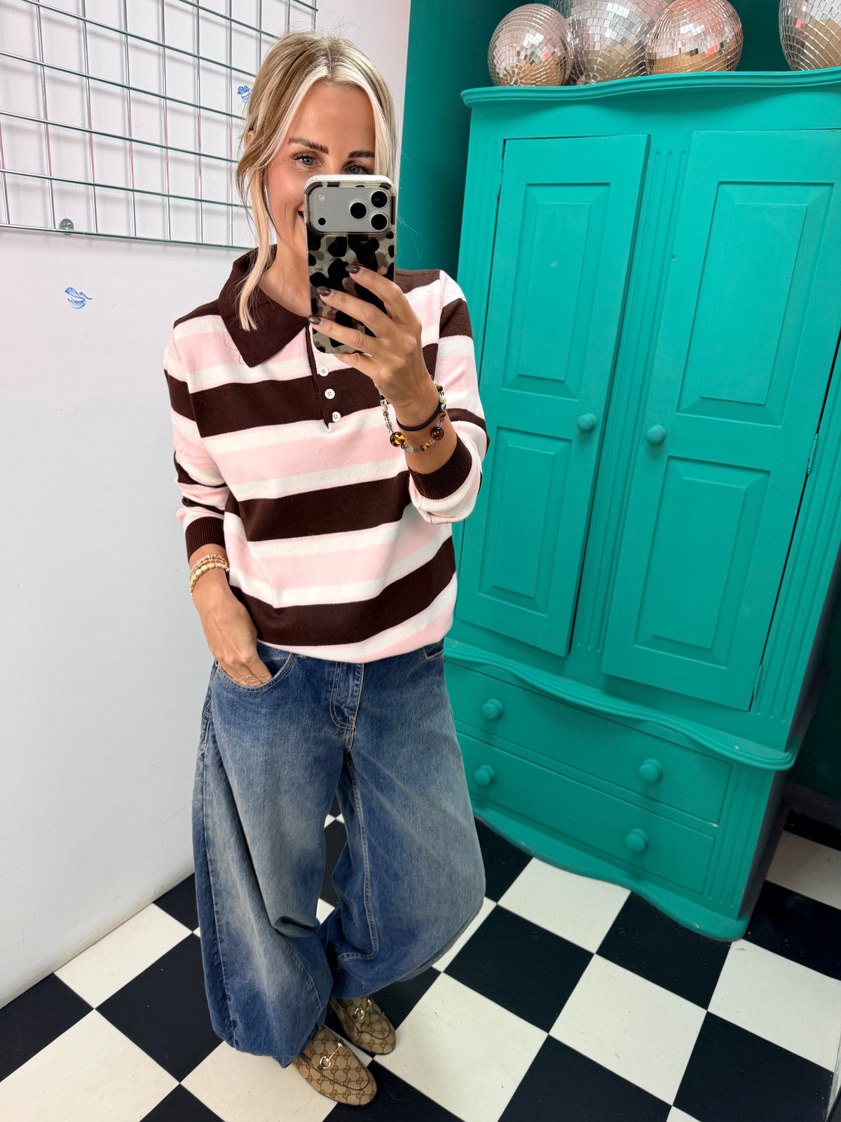 The Stripe Club Polo Jumper Chocolate -Cream -Pink Special buy