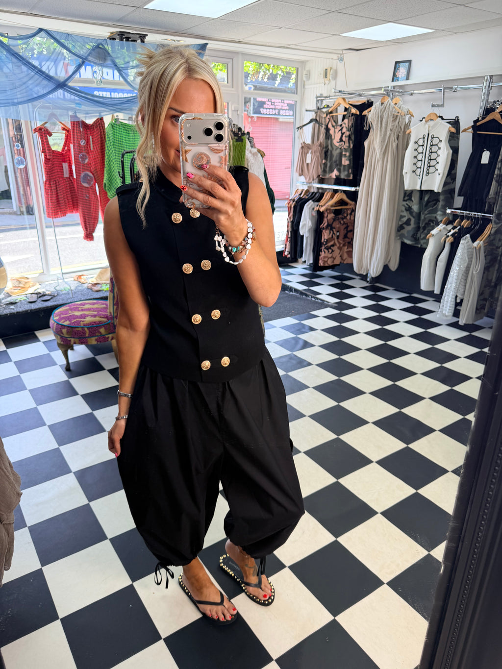 Cargo Trousers crop with tie hem Black