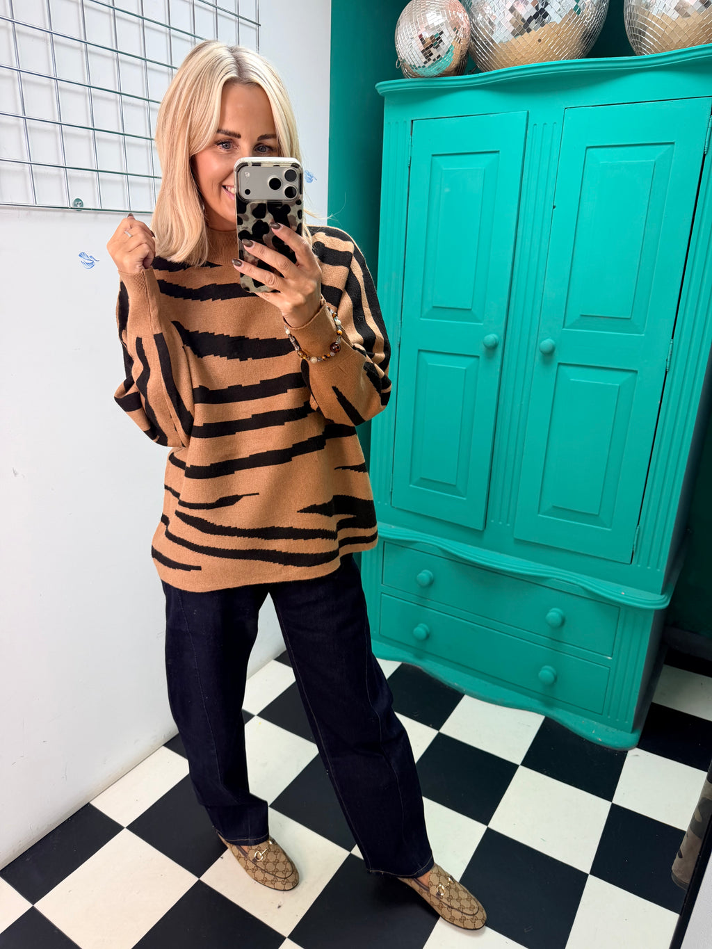 Turtle Neck Jumper Lightning Print Tan Special Buy