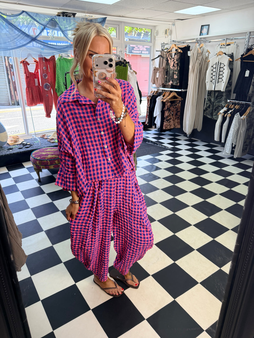 Neon Gingham Shirt Blue and Hot pink