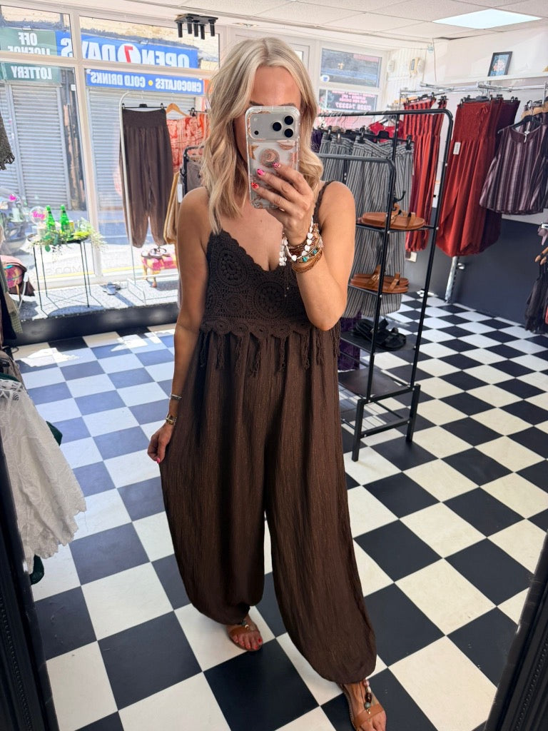 Boho Crochet Jumpsuit Chocolate