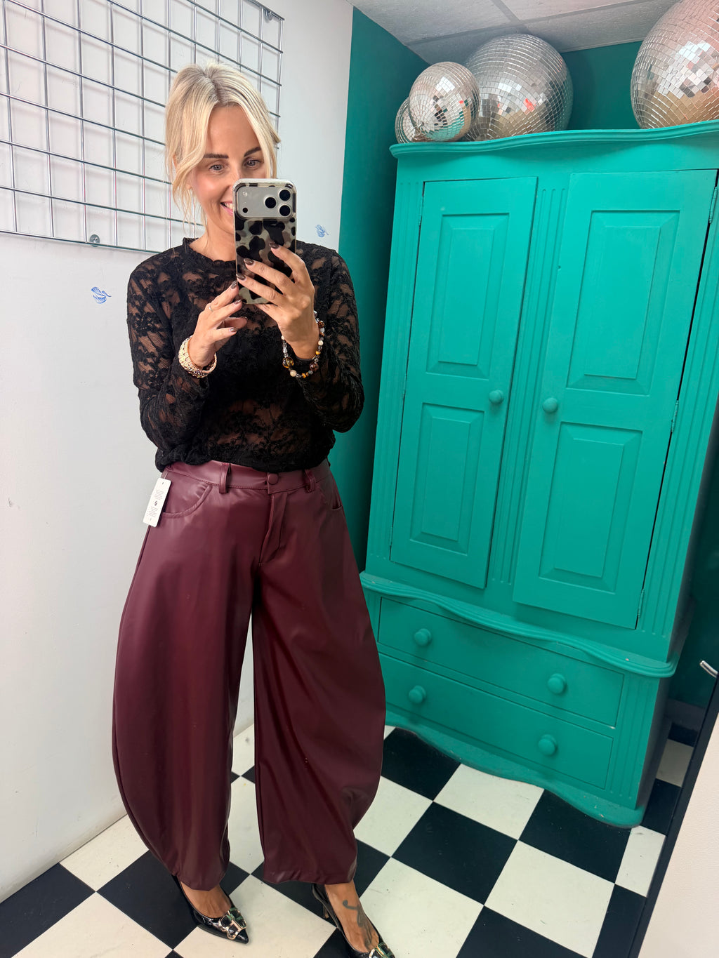 Bella Faux Leather Barrel Trousers Wine