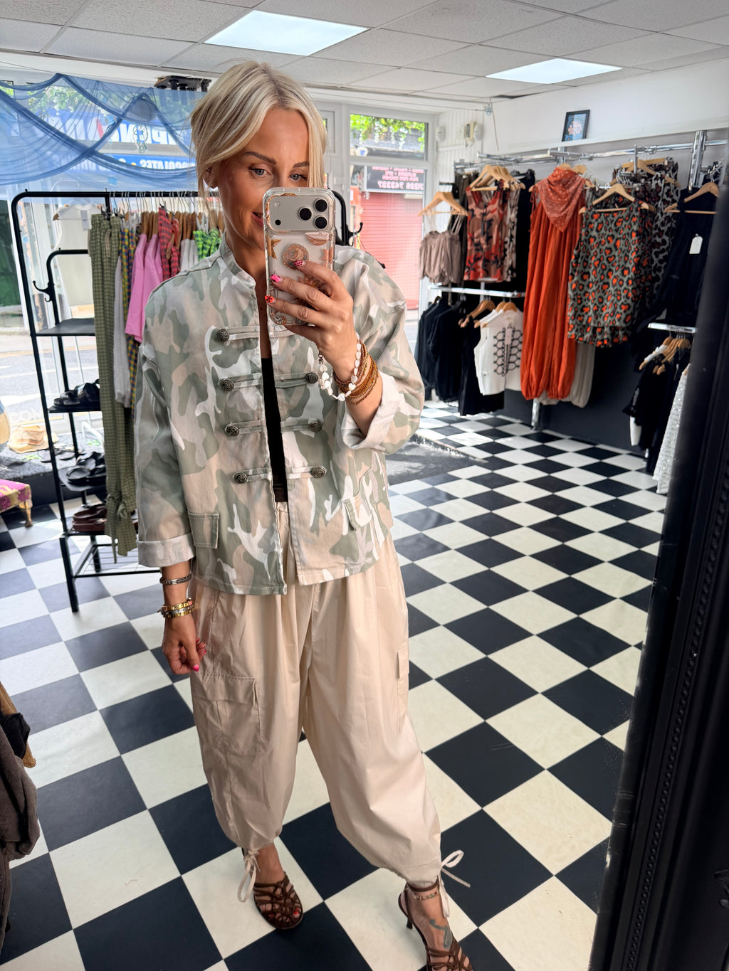 Camo Denim Military Jacket Light Beige