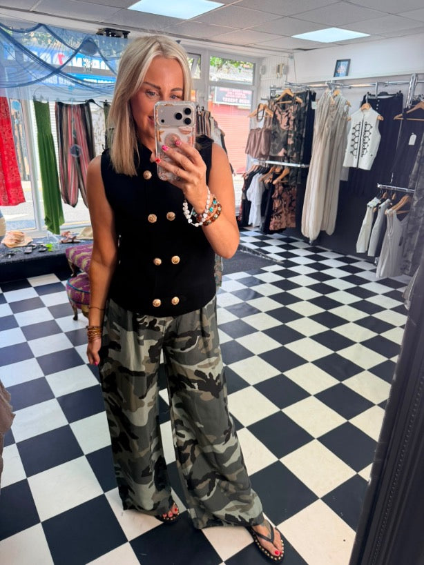 Camo Print Wide Leg Trousers Khaki