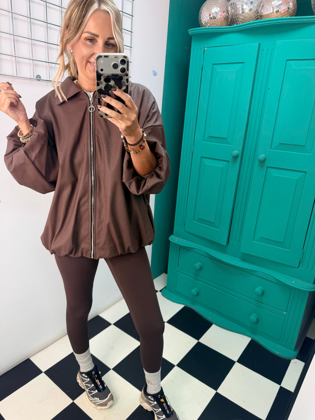 City Chic Leather-Look Bomber Jacket Chocolate Special Buy