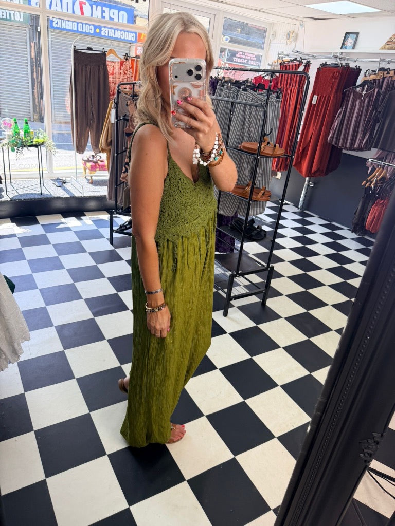 Boho Crochet Jumpsuit Green