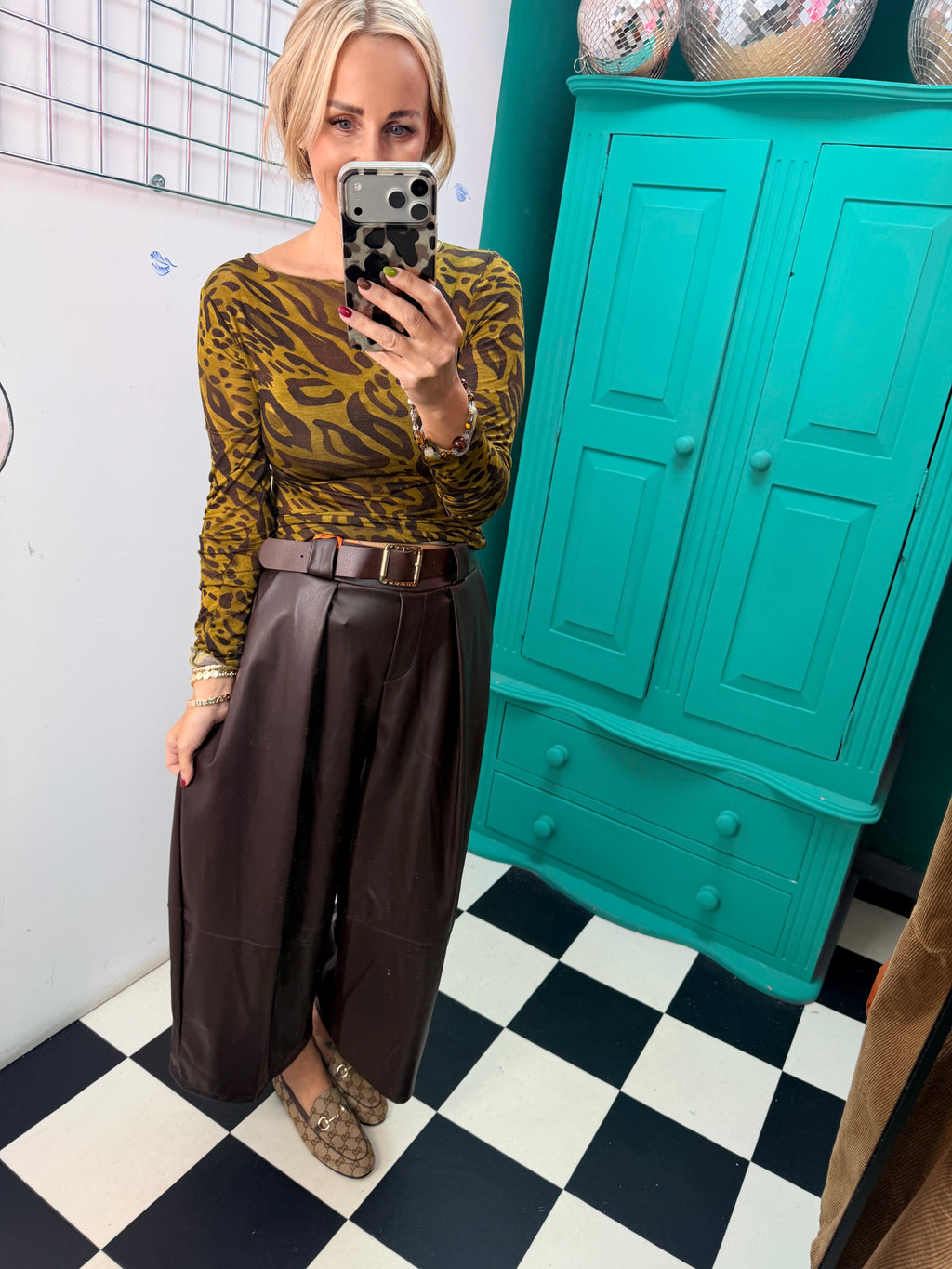 Cashmere Blend Leopard Top Green and Chocolate