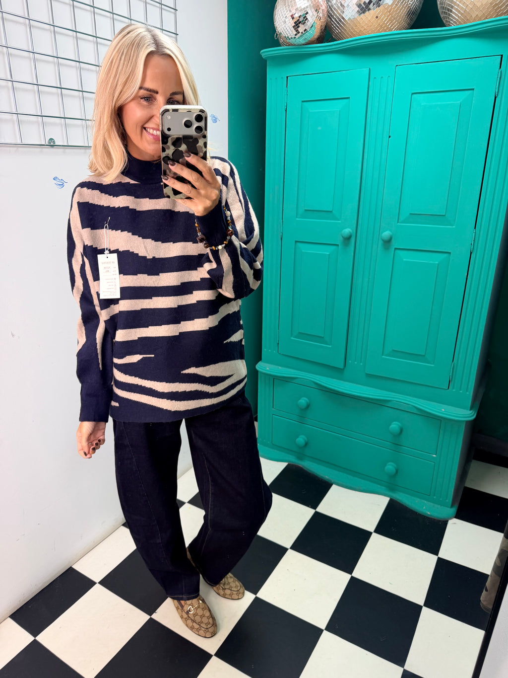 Turtle Neck Jumper Lightning Print Navy Special Buy