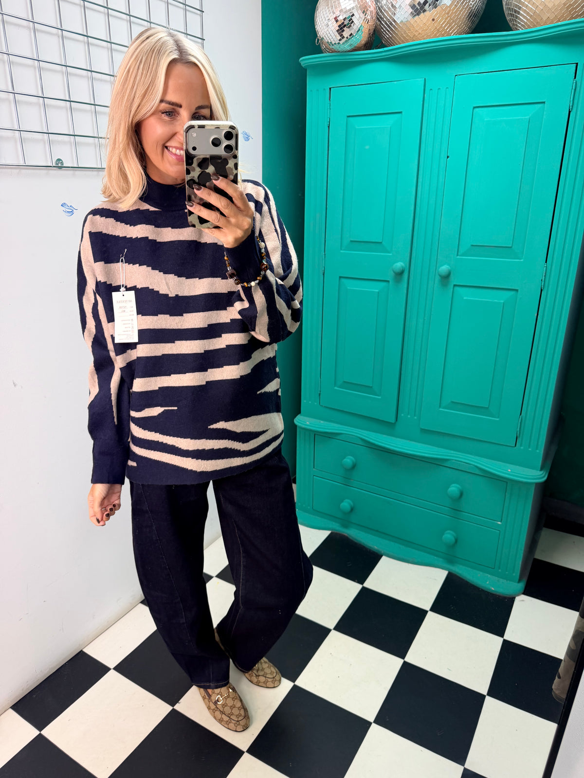 Turtle Neck Jumper Lightning Print Navy Special Buy