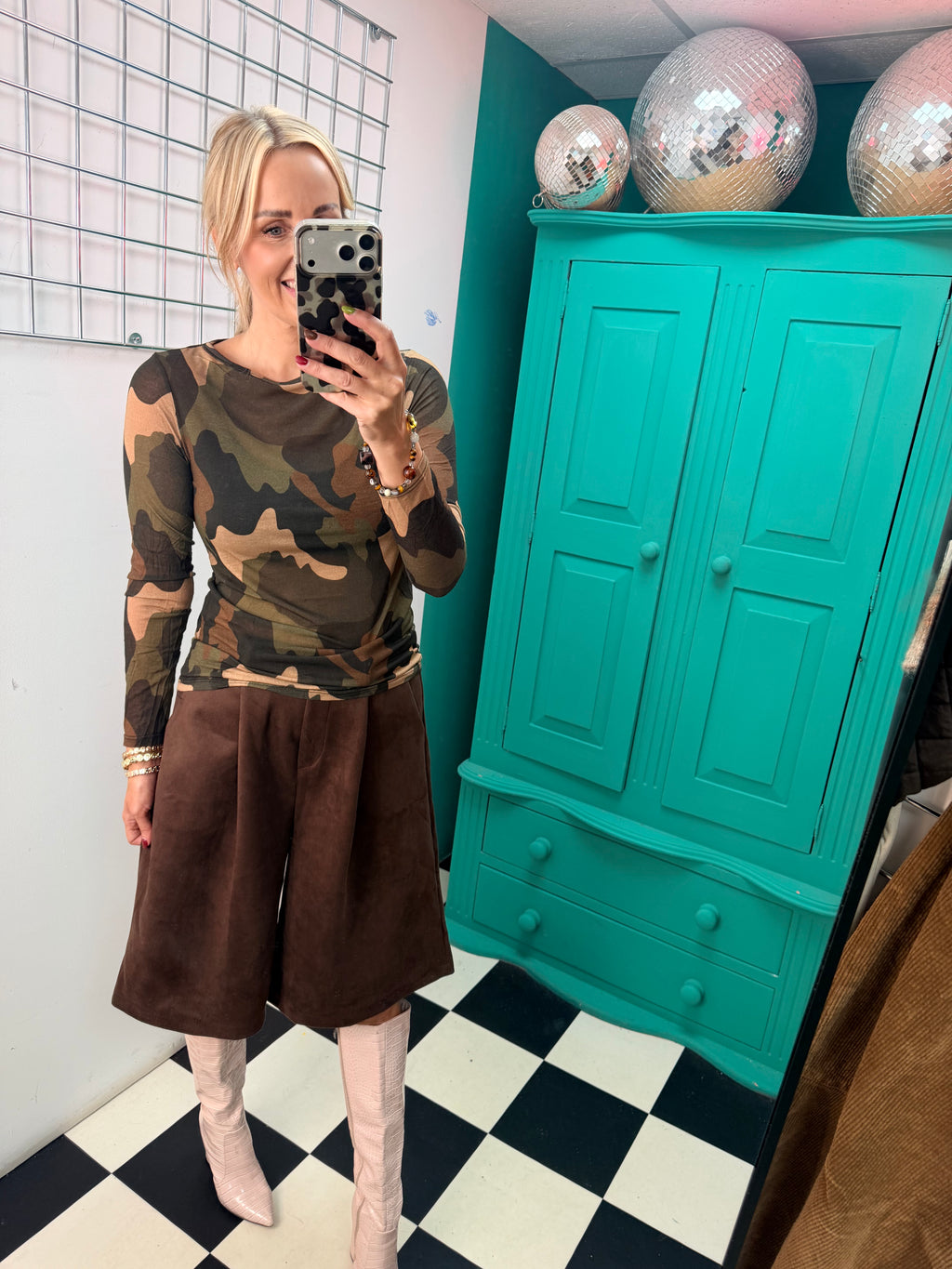 Cashmere Blend Camo Top Green/Chocolate