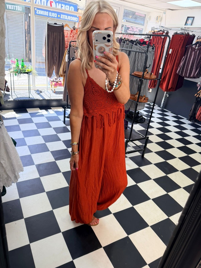 Boho Crochet Jumpsuit Rust