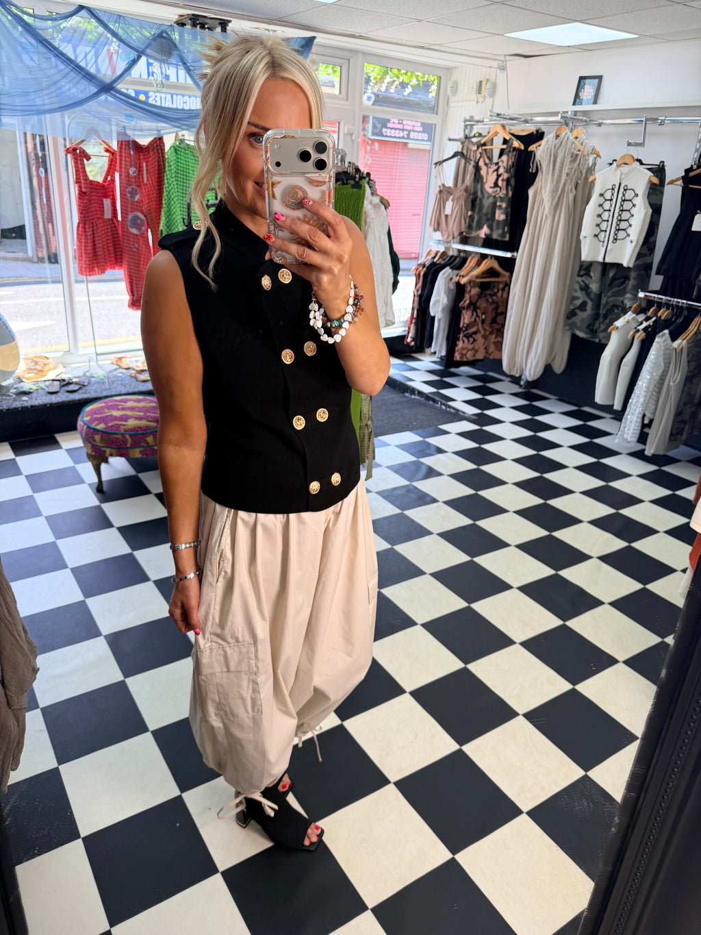 Cargo Trousers crop with tie hem Cream