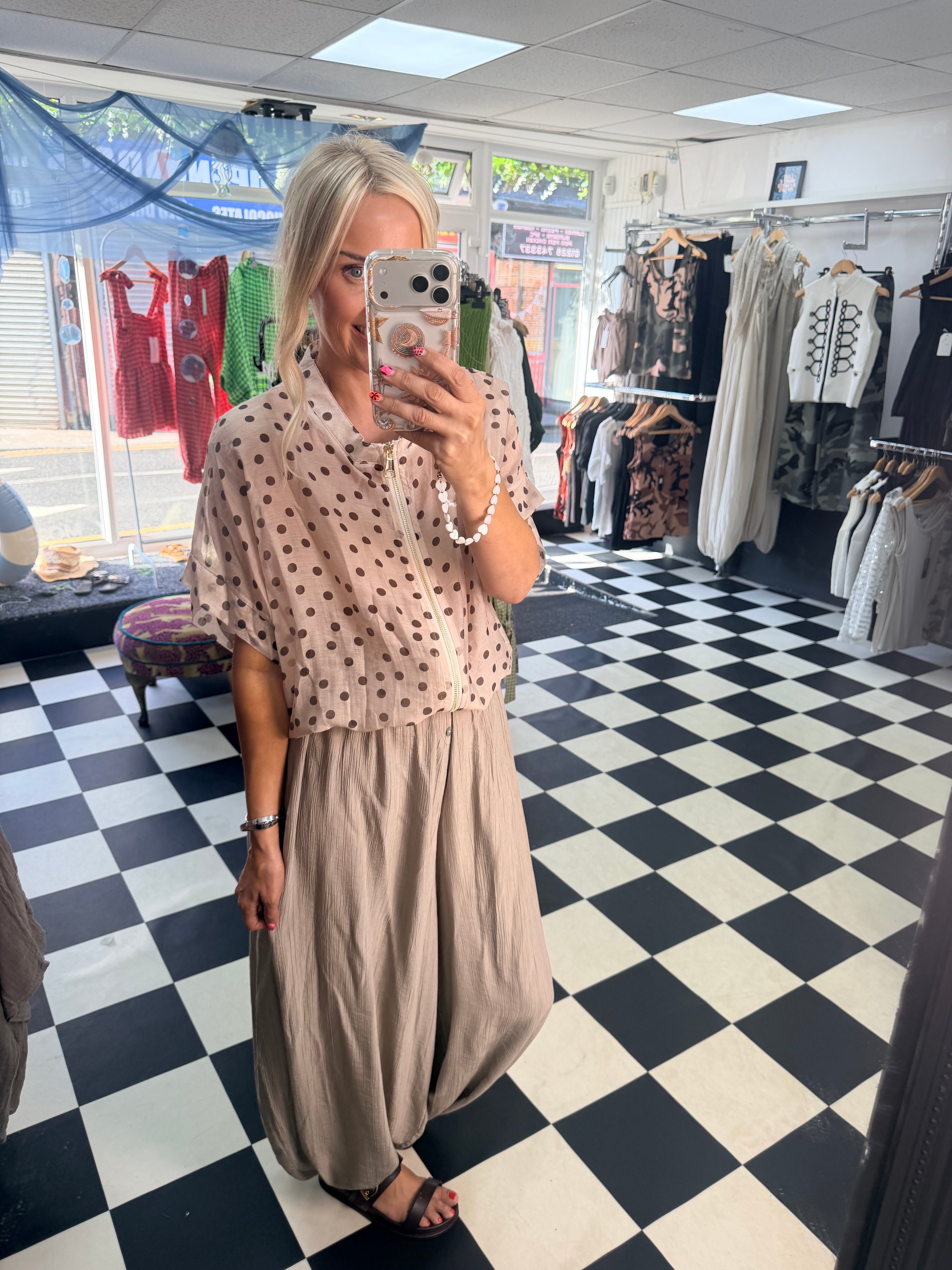 Lightweight Cropped Sleeve Jacket - Cream Polka Dot