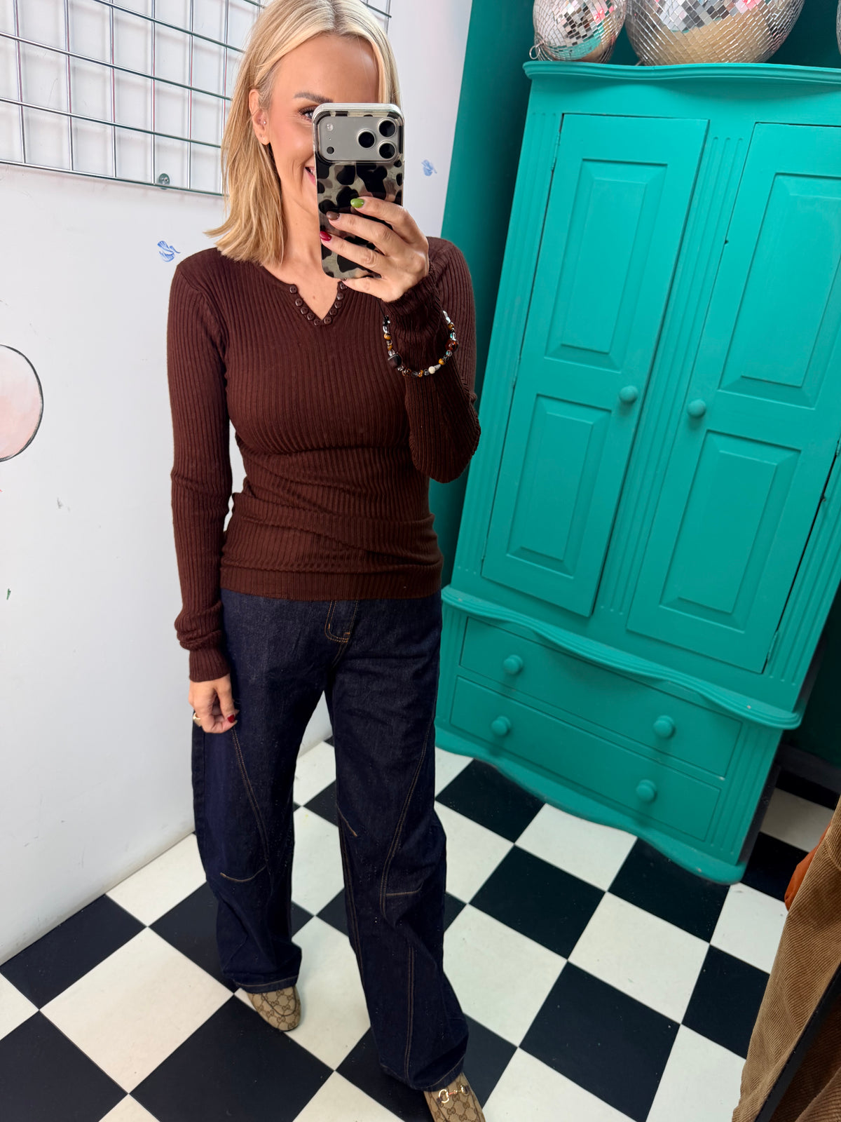 Ribbed Button Down Top Chocolate