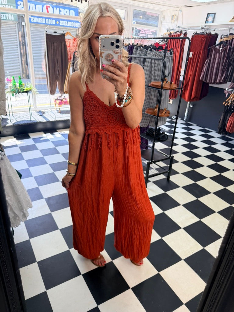 Boho Crochet Jumpsuit Rust