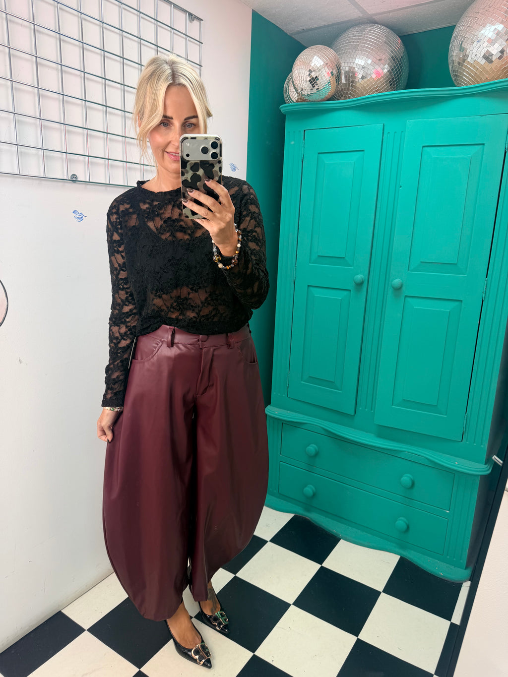 Bella Faux Leather Barrel Trousers Wine