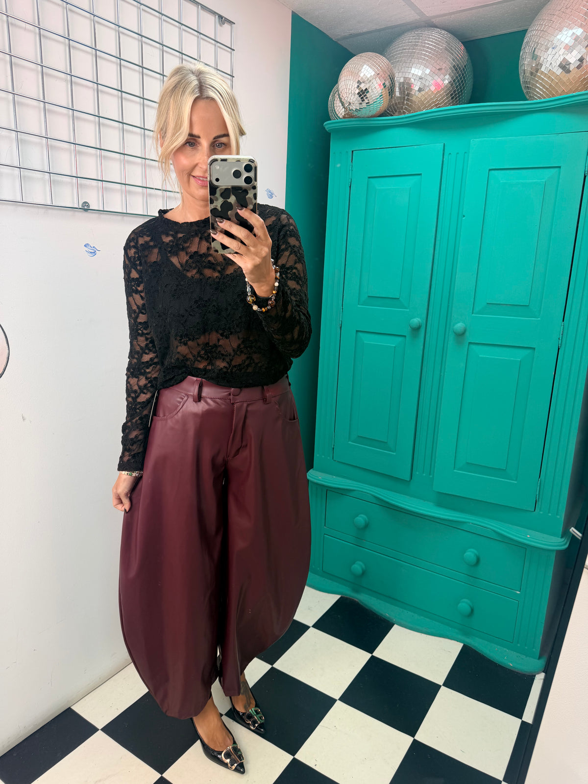 Bella Faux Leather Barrel Trousers Wine