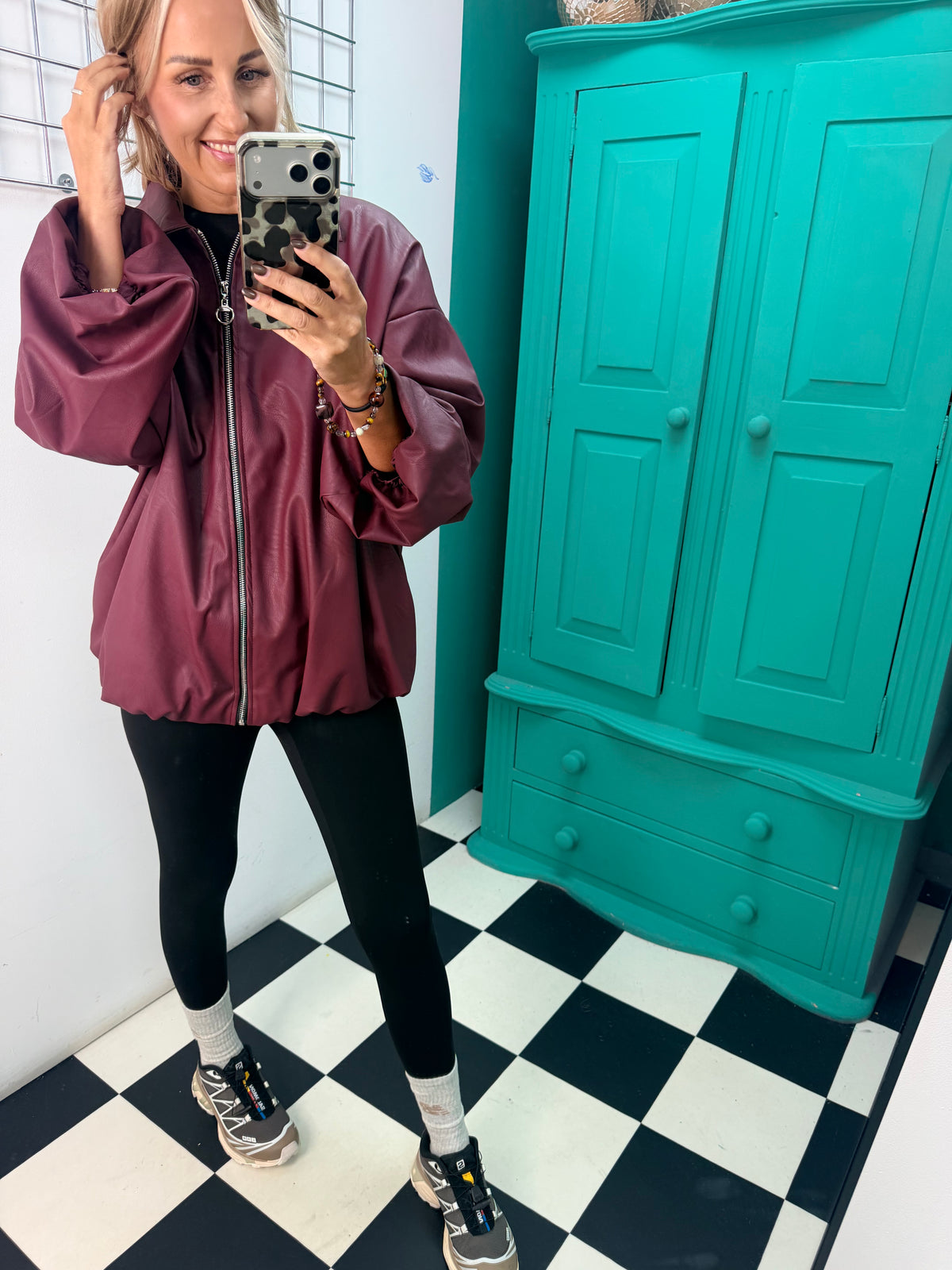 City Chic Leather-Look Bomber Jacket Wine Special Buy