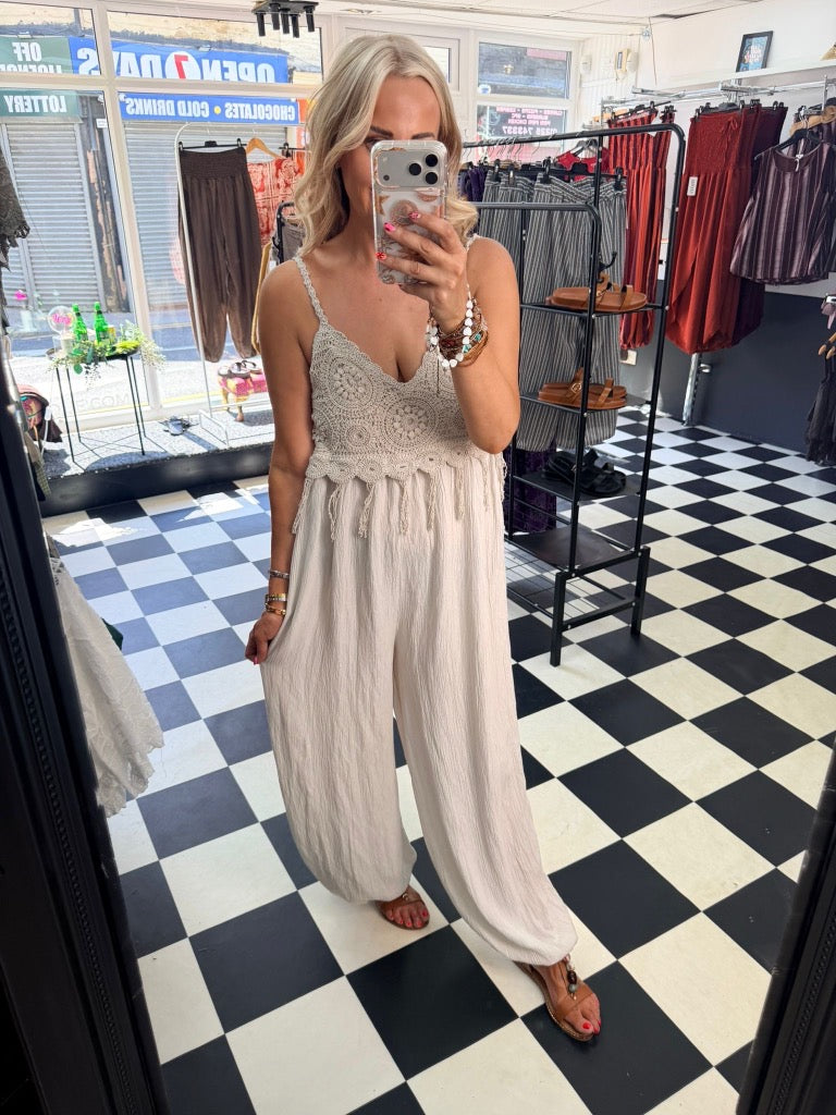 Boho Crochet Jumpsuit Cream