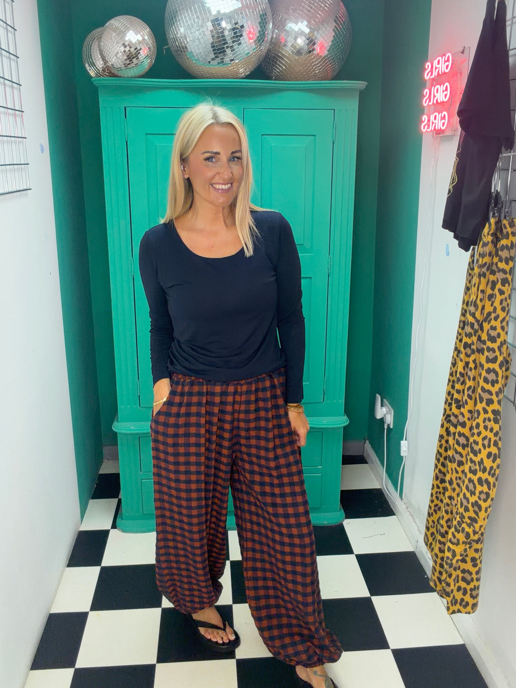 Autumn Check Balloon Trousers Rust/Navy