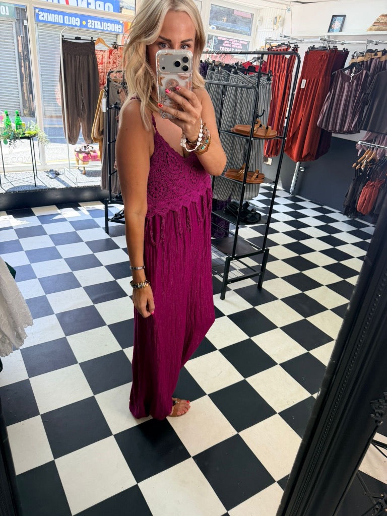 Boho Crochet Jumpsuit Magenta