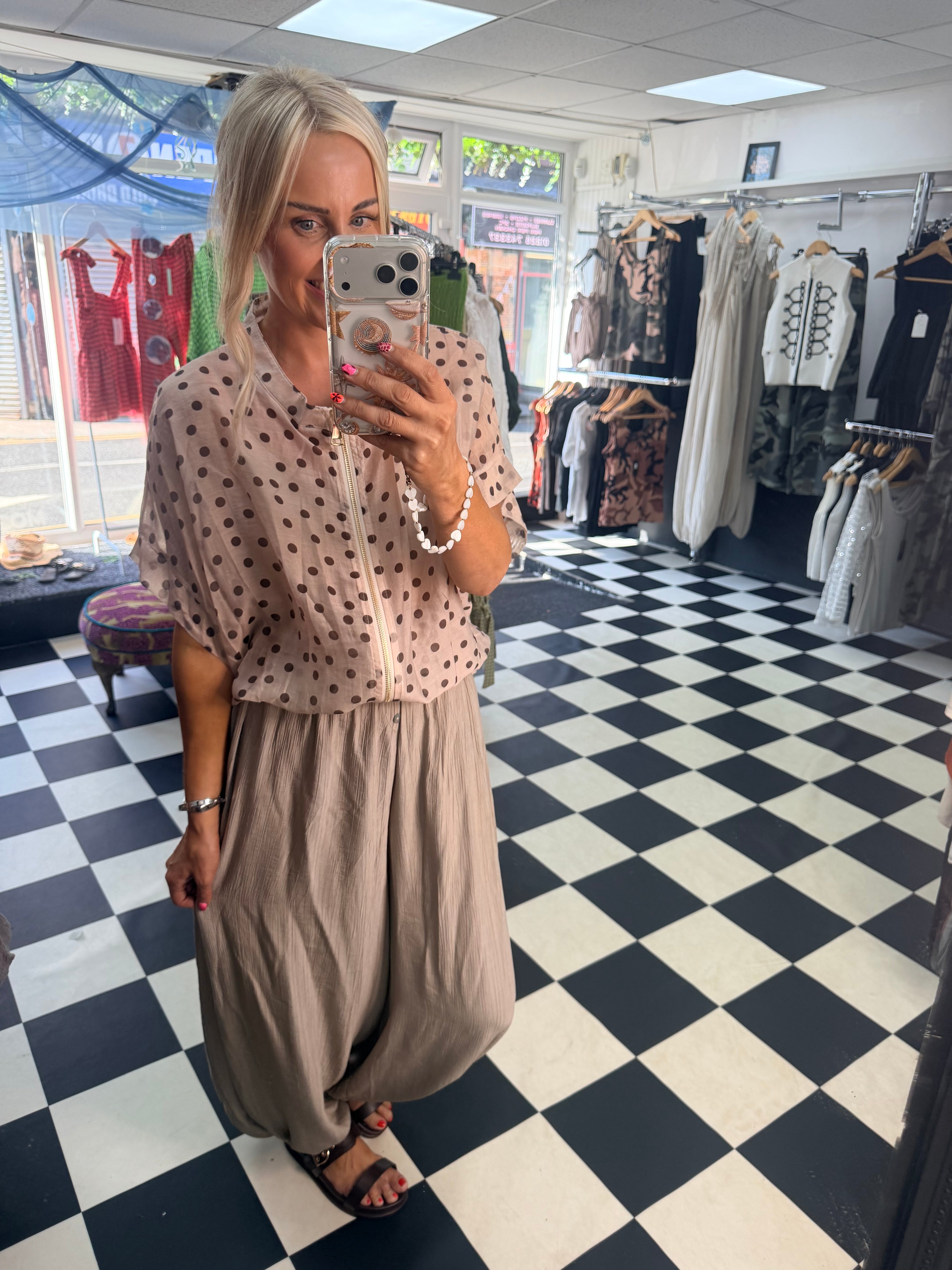 Lightweight Cropped Sleeve Jacket - Cream Polka Dot