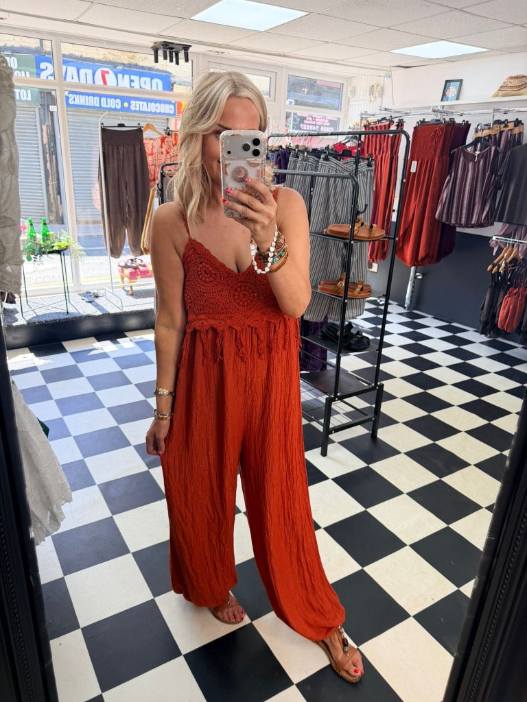 Boho Crochet Jumpsuit Rust