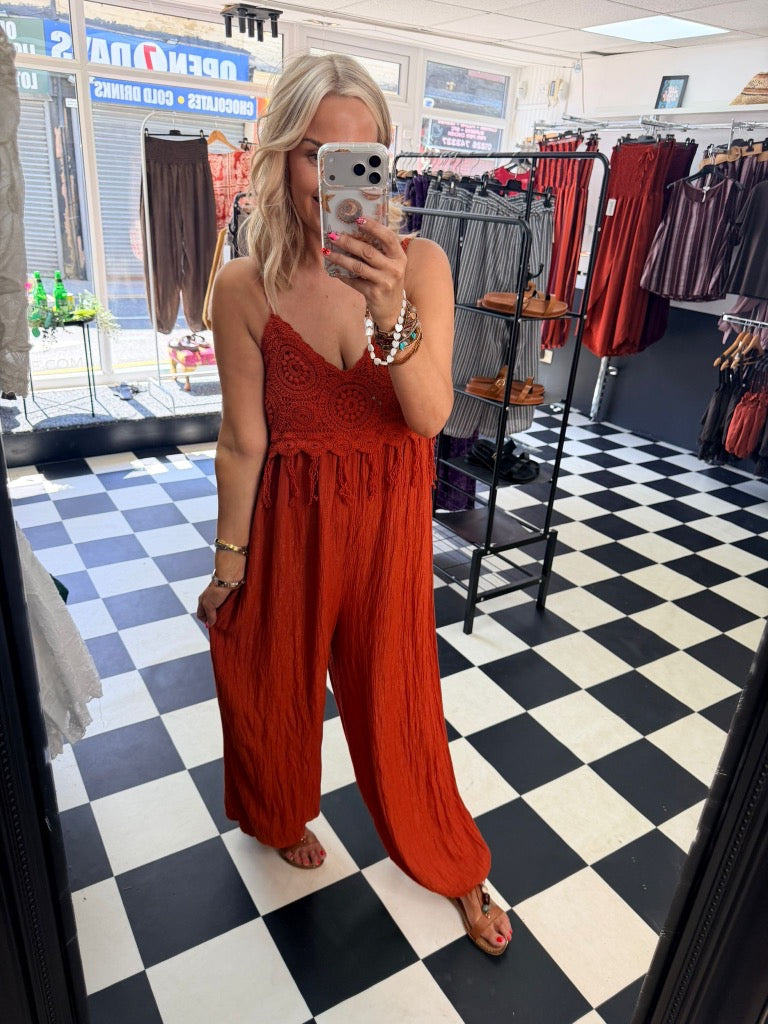 Boho Crochet Jumpsuit Rust