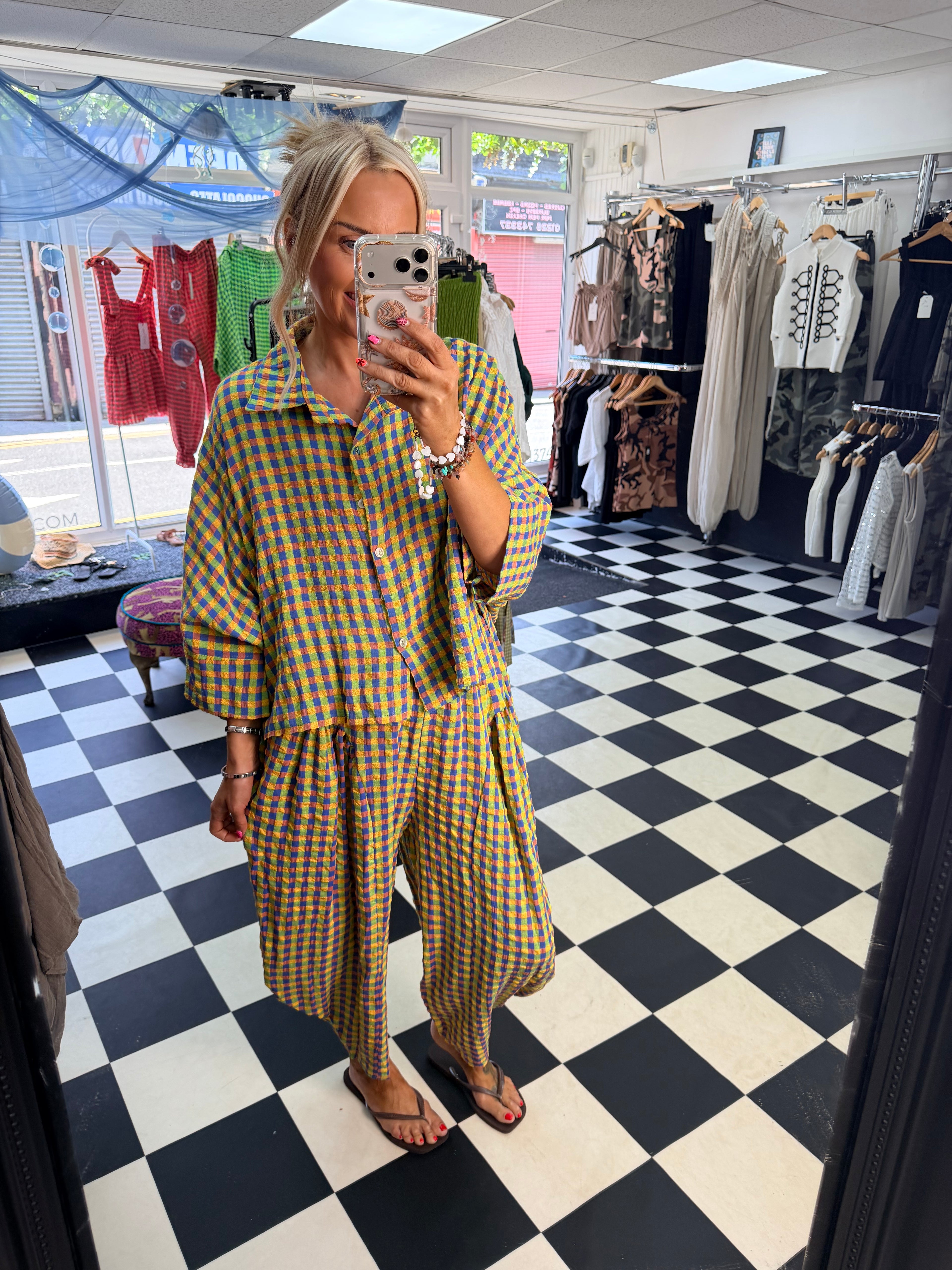 Neon Gingham Shirt Green and Blue