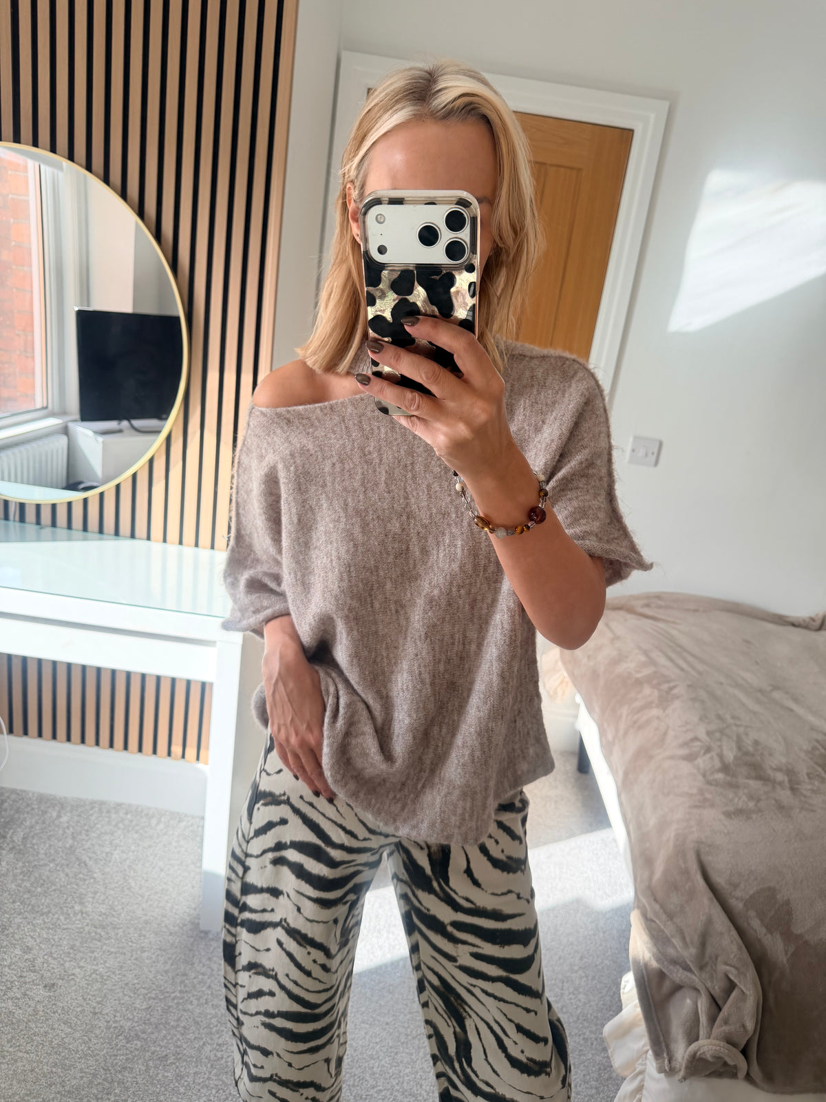 Slash Neck Jumper Oatmeal Short Sleeve