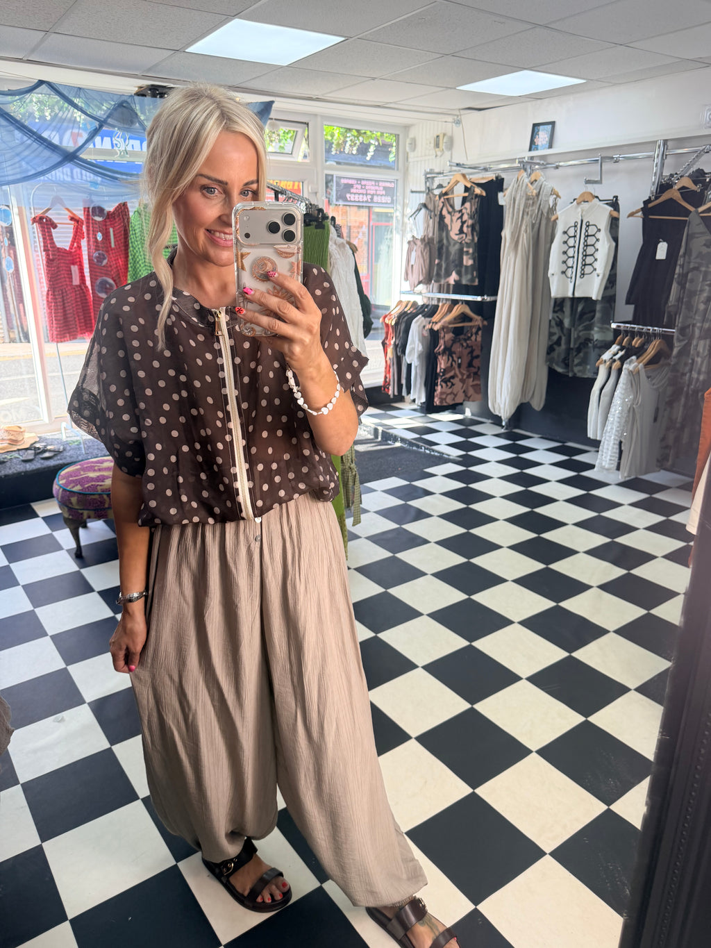 Lightweight Cropped Sleeve Jacket - Chocolate Polka Dot