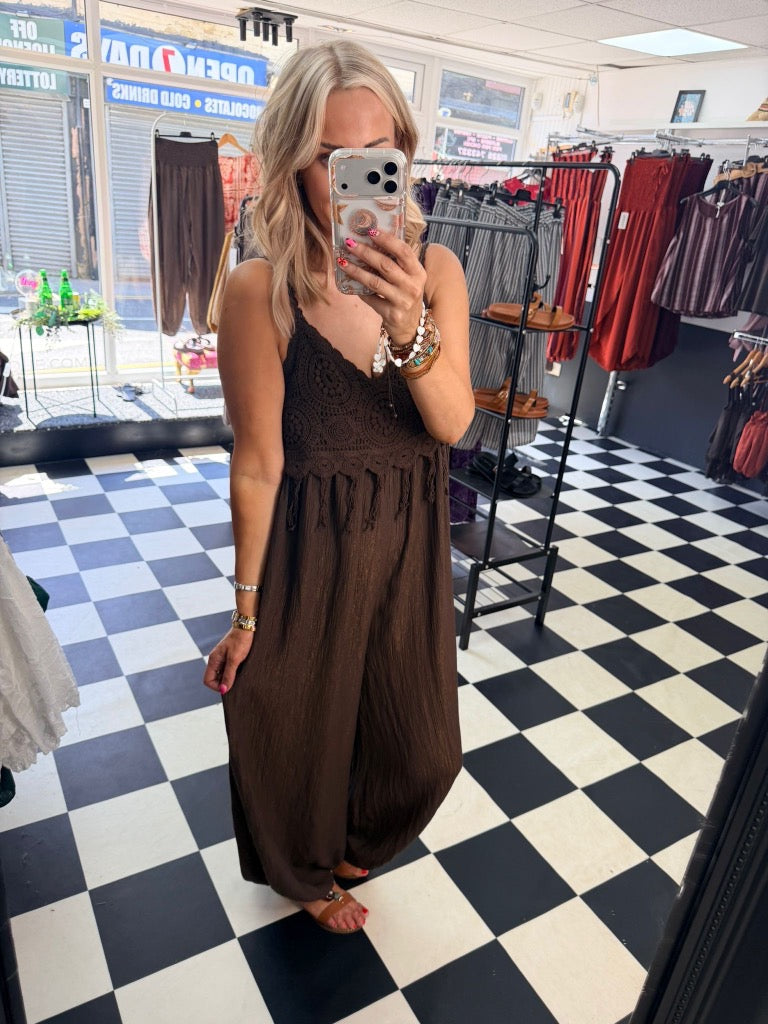 Boho Crochet Jumpsuit Chocolate